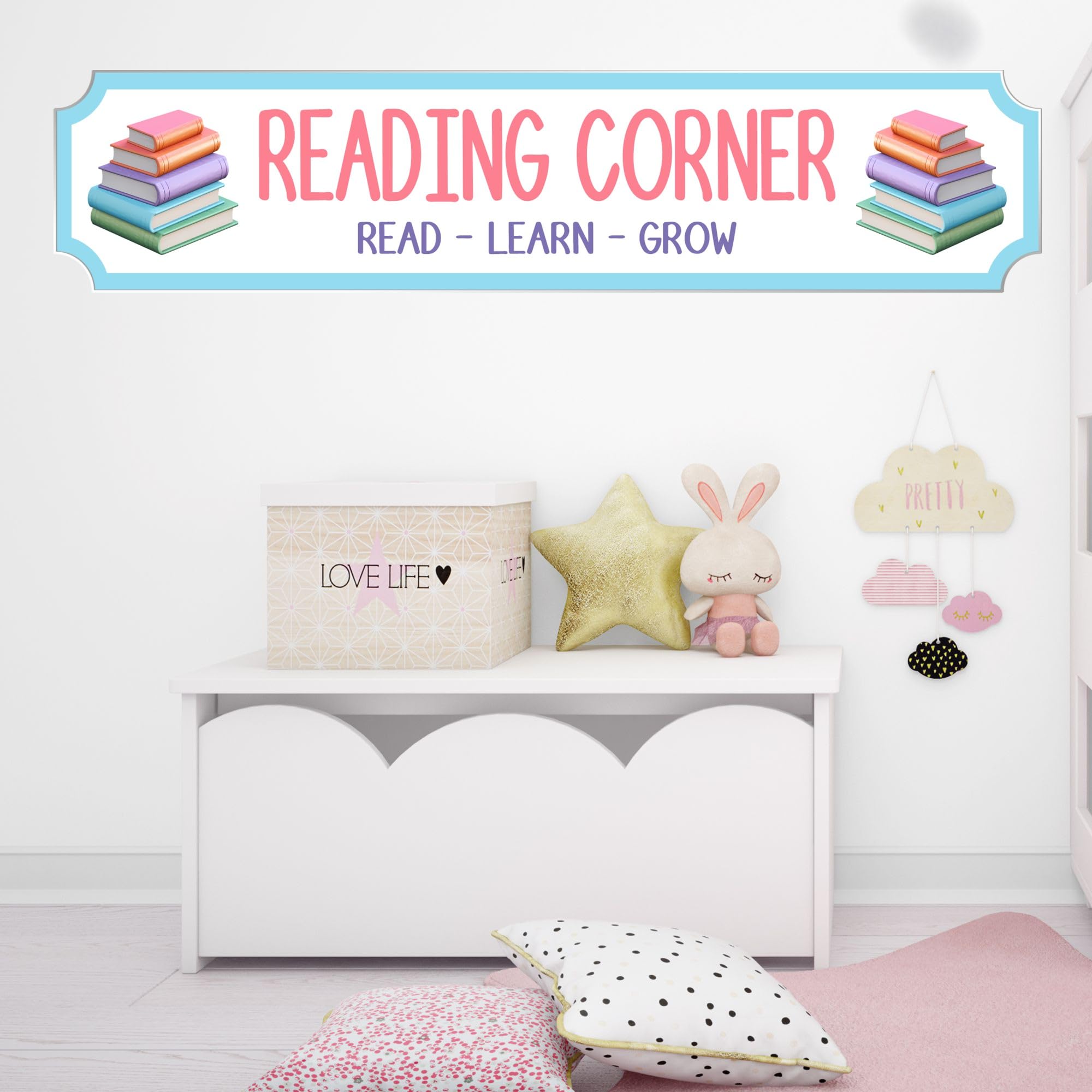 Reading Corner Personalised Street Sign Plaque - Custom Book Sign Gift for Kids, Adults, Nursery, Bedroom, Living Room Decor (Pastel Books, Acrylic - Extra Large 590mm x 130mm)