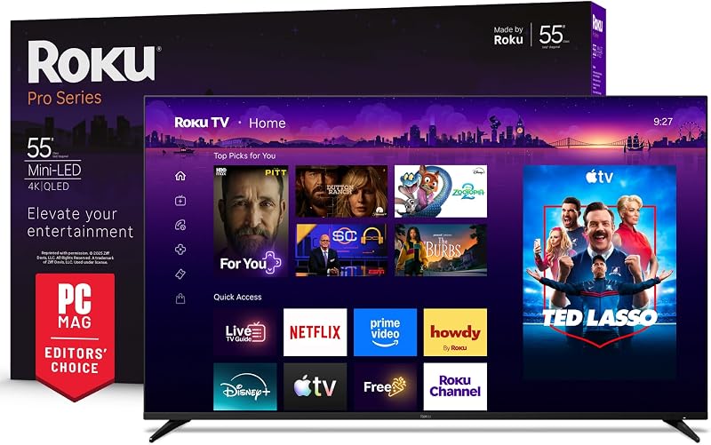 Smart TV serie Pro de 55 pulgadas - Televisor mini-LED QLED 4K - RokuTV | Televisor de pantalla plana con frecuencia de actualización de 120 Hz y Dolby Vision IQ, noticias en vivo, deportes, entretenimiento - Control remoto por voz retroiluminado Pro