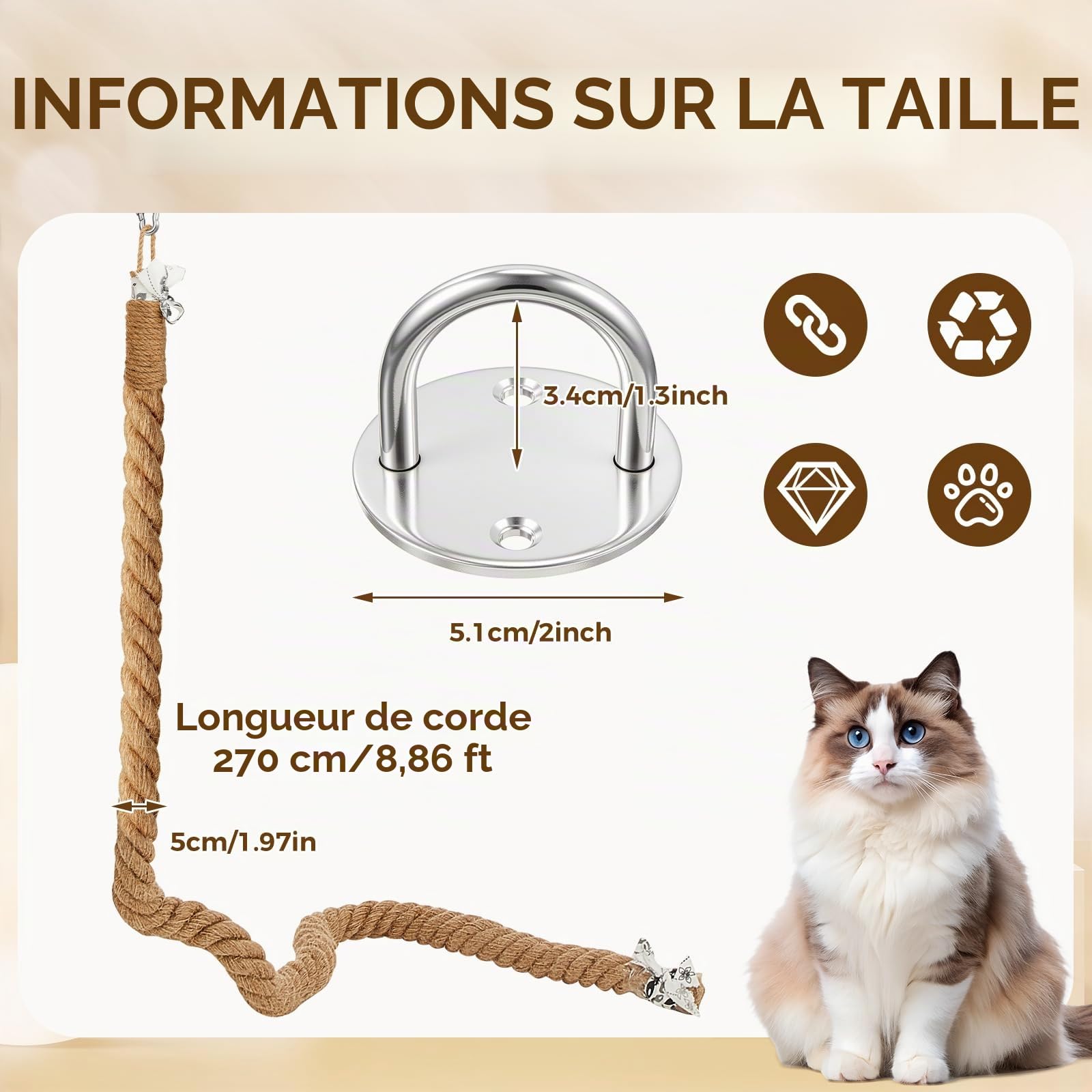 Weysat Corde d'escalade pour Chat avec Crochet - Fixation Murale - 5 cm x 2,7 m - pour intérieur et extérieur