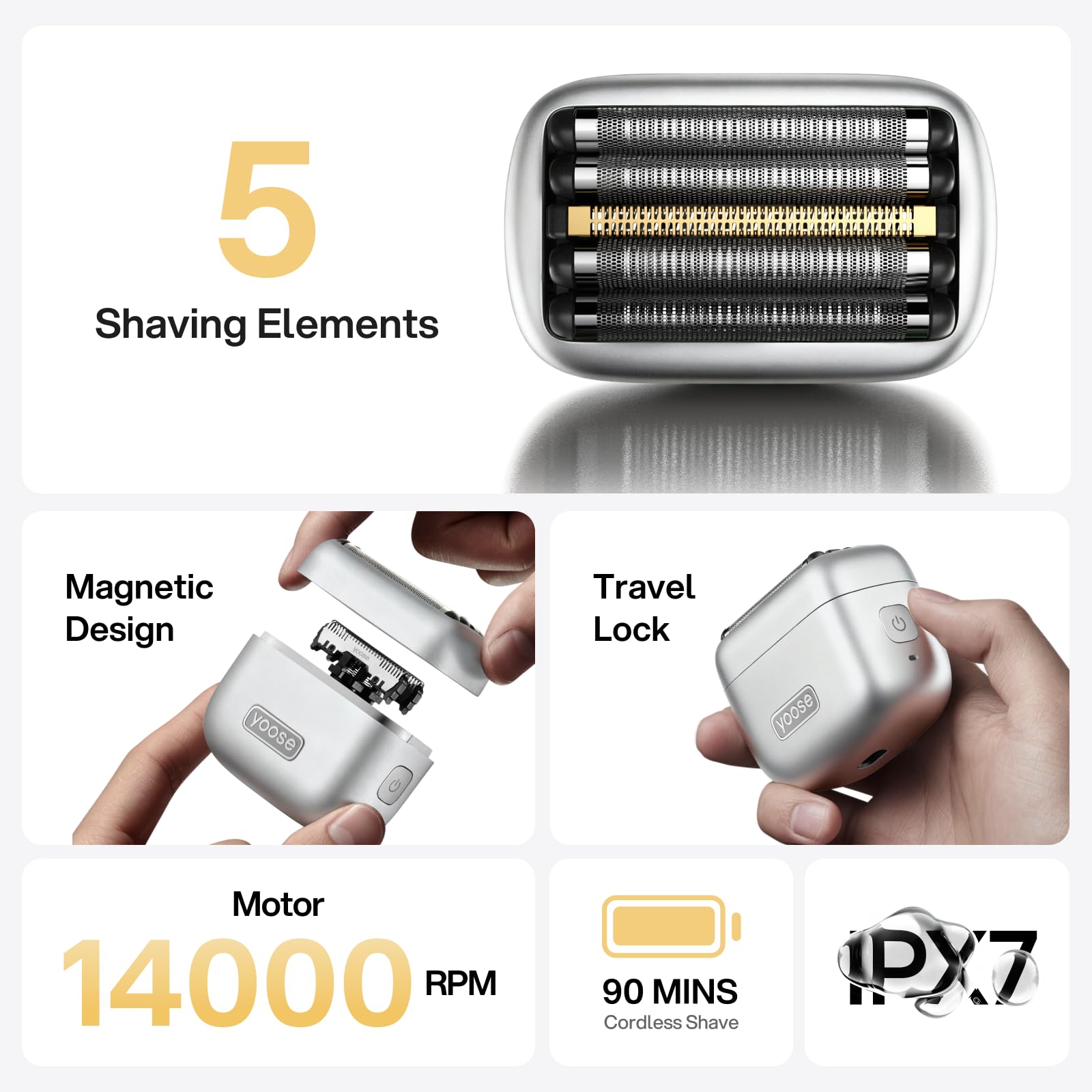 yoose mini Rasierer Herren elektrisch, IPX7 wasserdicht & USB-C wiederaufladbarer Elektrorasierer Herren, mini Rasierer mit magnetischem 5-Flexible-Klingen, Folienrasierer silber