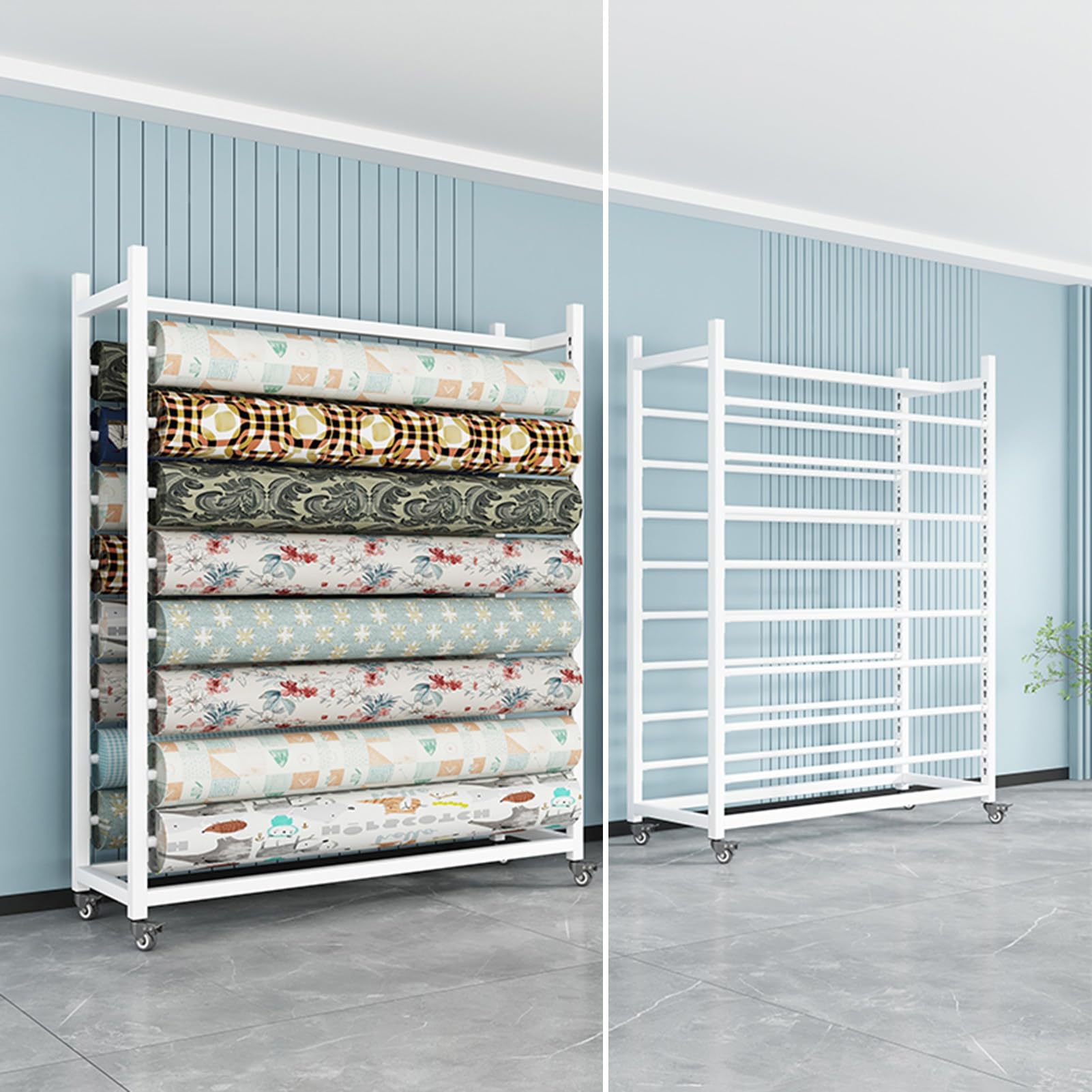 Commercial Fabric Roll Display Rack Organizer with Adjustable Hanging Rod, White Movable Heavy Duty Metal Shelf with Wheels for Vinyl Rolls/Car Color Change Film/Window Film/Wallpaper(16 rods,200x50x2