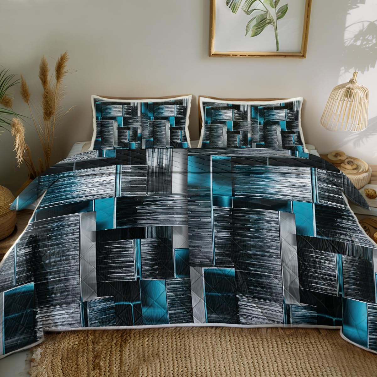 Sleepwish Square Surface Print Quilt Set Soft Lightweight Bed Set Queen Size Black Bedspread 3pcs for Kids Teens Girls with 1 Quilt and 2 Pillow Covers