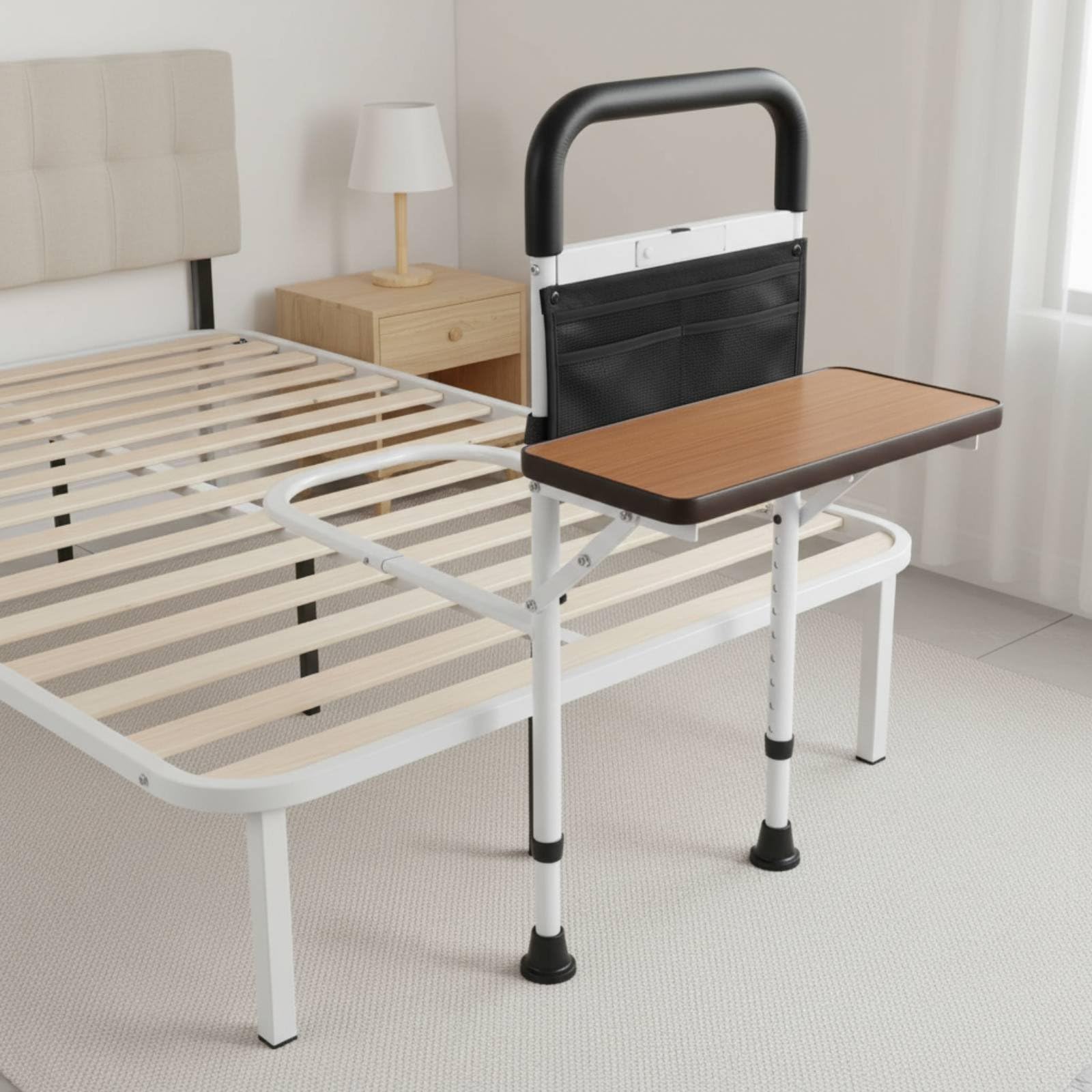 de Cama para Ancianos Asidero Protector Soporte con Bandeja y Luz Nocturna con Agarre Curvo Cómodo y Puntos de Apoyo, con Luz Y Mesa - Barandilla De Cama Elevable
