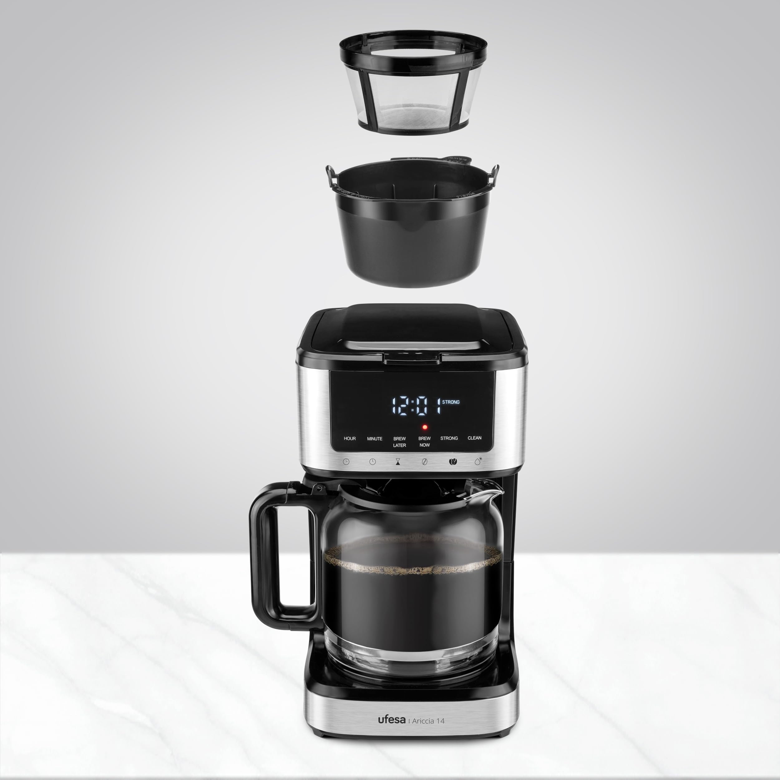 Ufesa Cafetière à Filtre Ariccia Programmable 900W, 14 Tasses, 1,8L, Écran Tactile, Acier Inoxydable, Filtre en Nylon Amovible, Carafe en Verre Haute Température, Compatible Lave-vaisselle, Antigoutte
