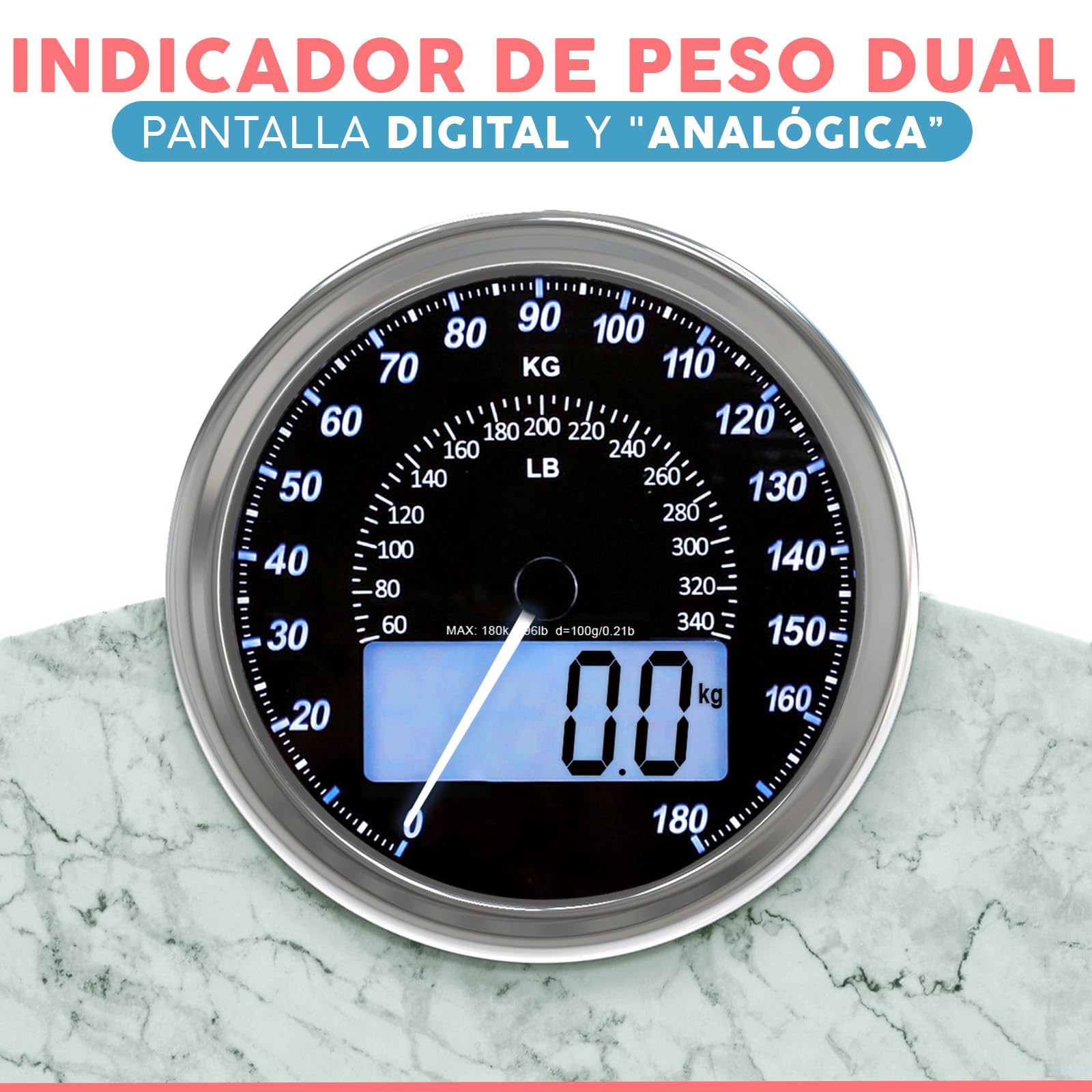 Hybrid Báscula de Baño - Analógica & Digital, Precisa hasta 180 kg | Vea su peso en el cuadrante analógico y LCD a la vez. Plataforma ancha, 3 pilas AAA incluidas, lista para usar.