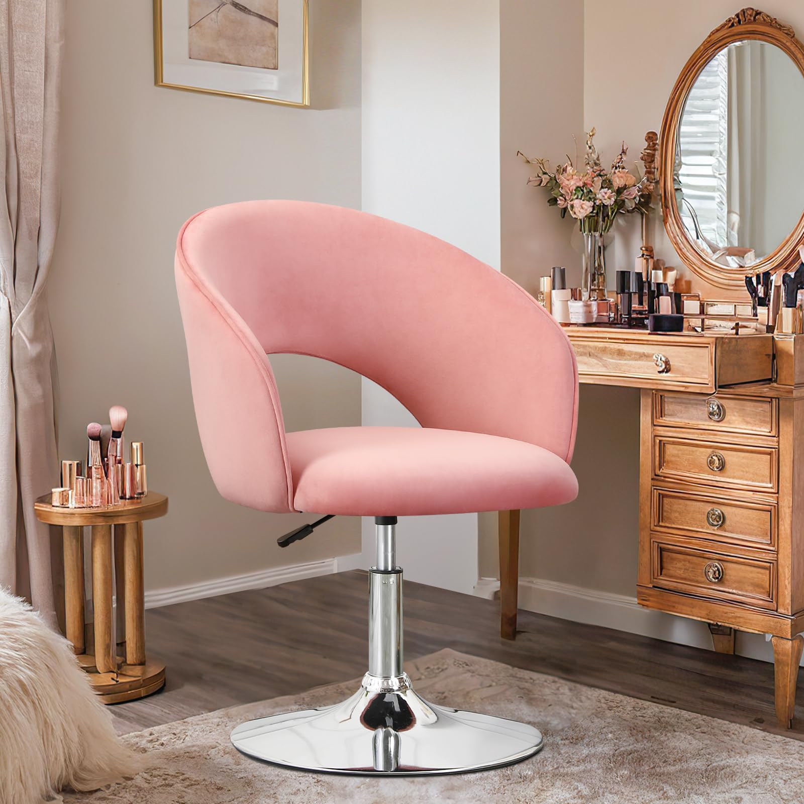 Poltrona da Trucco, Poltrona da Bar Girevole Regolabile in Altezza, Poltrona Salone Parrucchiera con Schienale Braccioli, Sedia da Pranzo Sedia da Cucina per Camera da Letto Soggiorno, Rosa