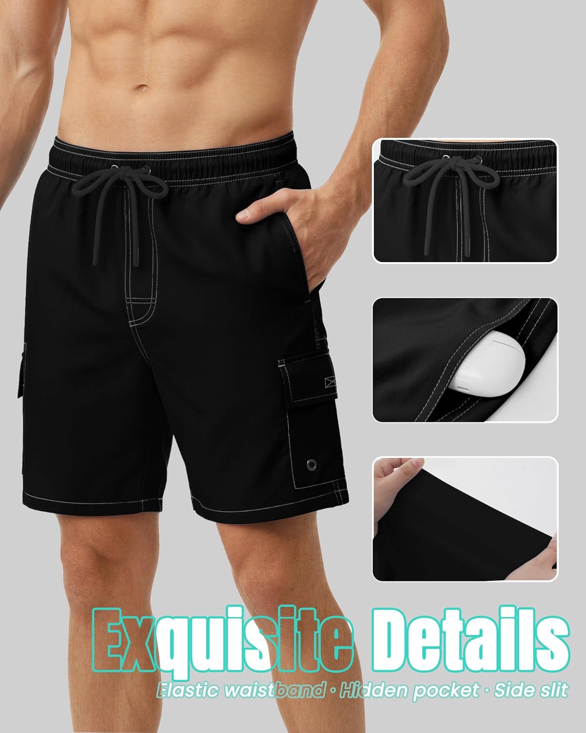 Men Swim Trunks with Compression Liner Quick Dry Breathable Multi Pockets for Summer Beach Cruise Water Park - Image 5