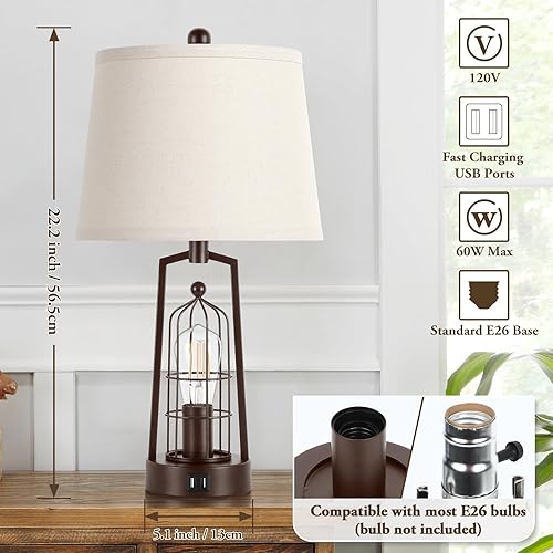 Miniatura 9 de Lámparas de mesa de granja con 2 puertos USB, juego de 2 lámparas de escritorio industriales rústicas para sala de estar, lámpara de noche negra de