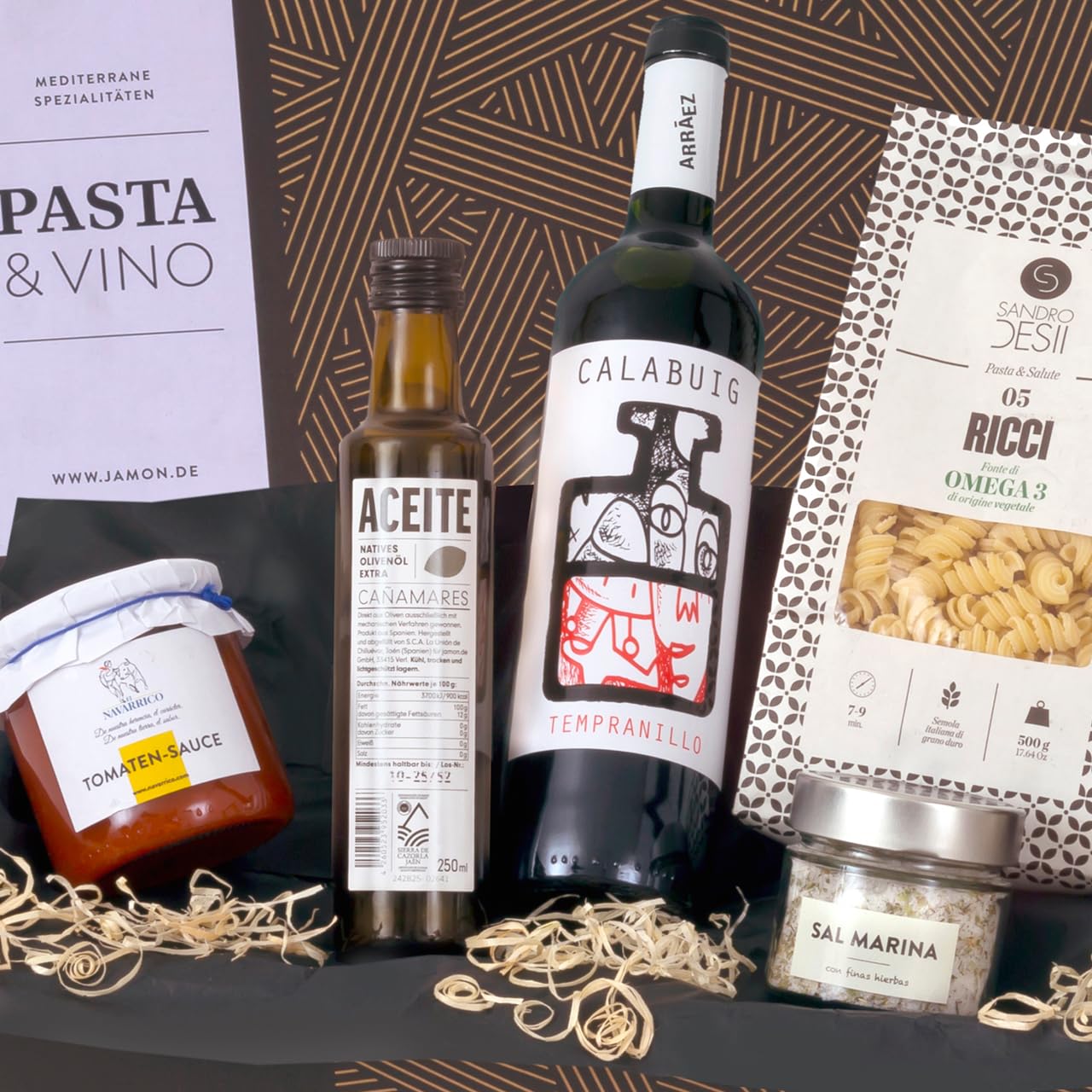 Geschenk-Set Pasta & Vino | Gefüllter Geschenkkorb mit italienischen Nudeln, mediterranen Delikatessen & Rotwein aus Spanien | Leckere Geschenkidee von jamon.de