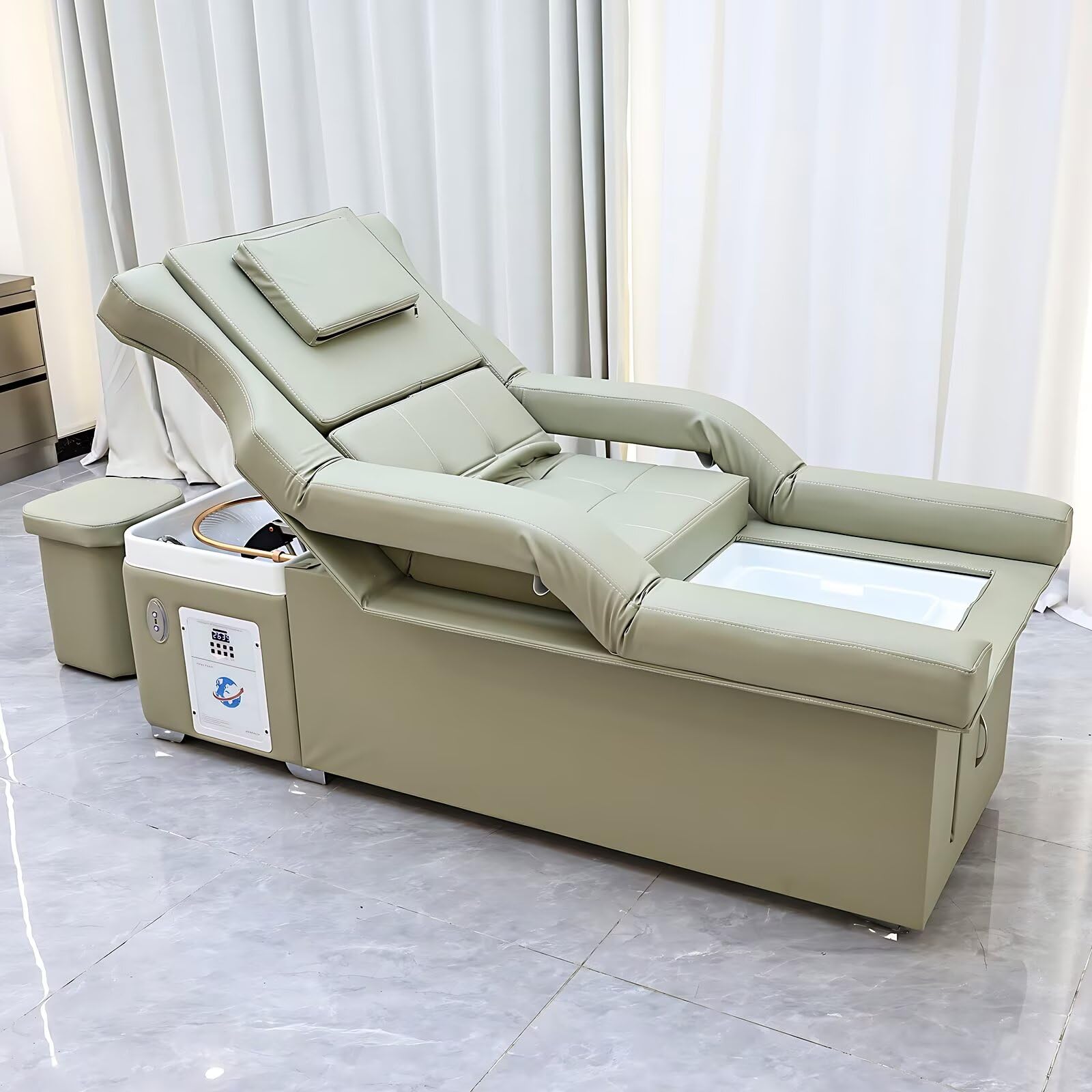 Professionelle Kopf-Spa-Waschliege, Verstellbare Massageliege mit Wasserzirkulation, Fußbadewanne, Begasung, Salon-Spa-Ausstattung Im Frischen, Eleganten Stil