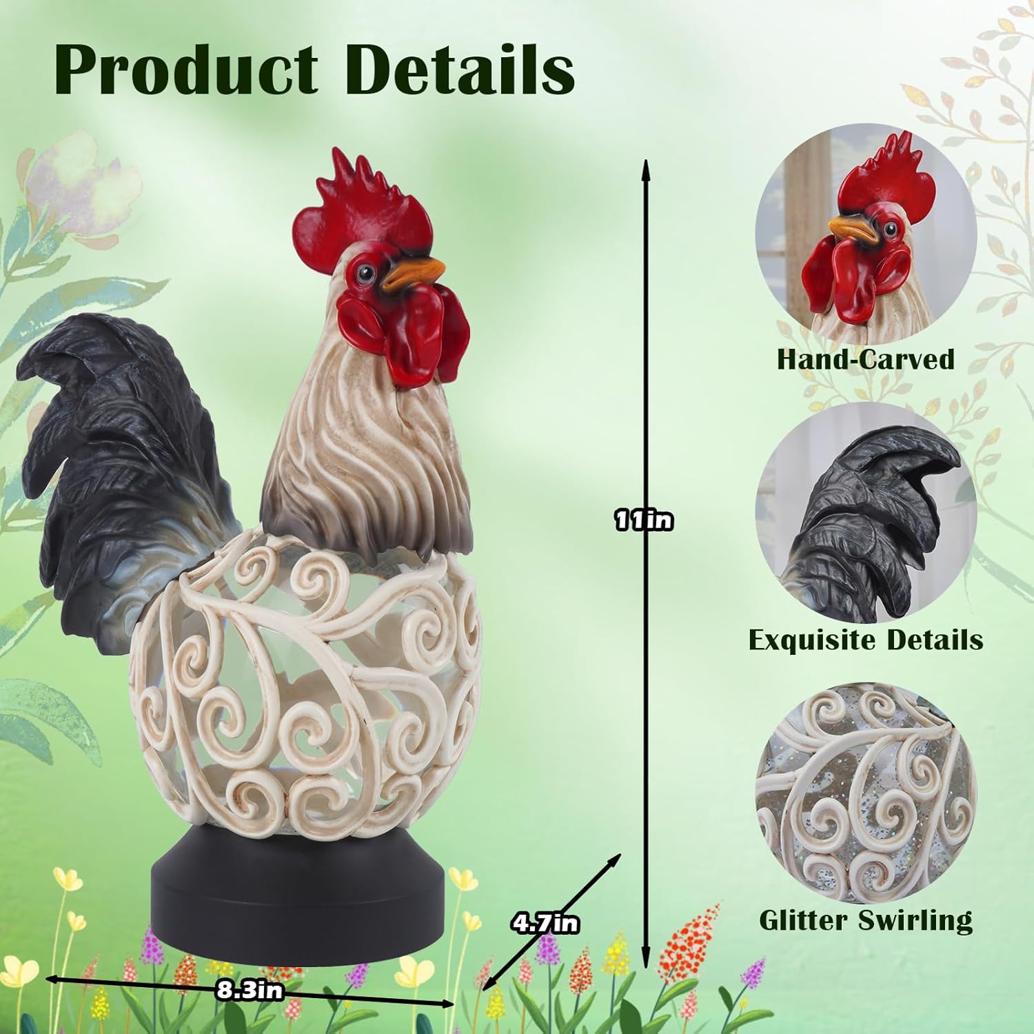 Spring Rooster Snow Globe Decor with 6H Timer, Swirling Glitter Snow Globes Spring Figurine Decorations, USB/Battery Operated, for Spring Holiday Home Decor and Gift (Rooster) - Image 2