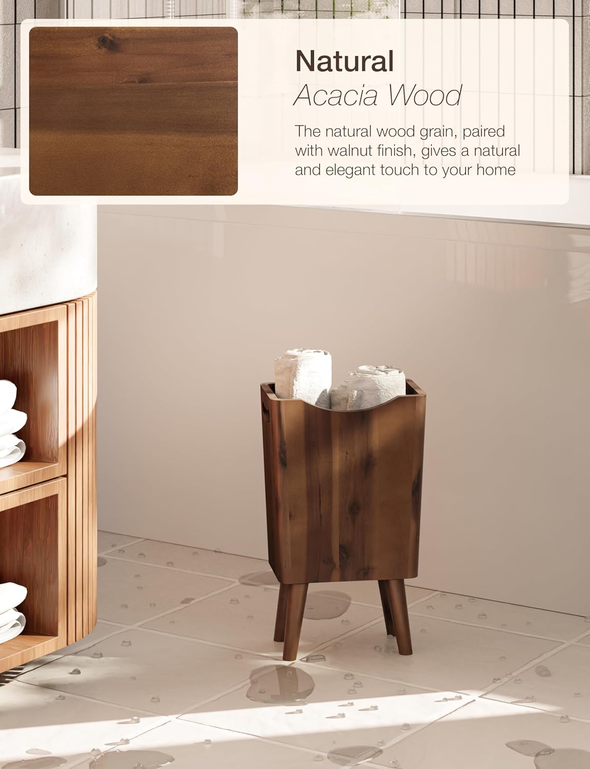 2 Gallons Wooden Trash Can 4 Legs - Acacia Wooden Bin, Wood Bathroom Accessories - Small Bin, Waste Basket for Bedroom, Office Garbage Can - Bathroom Trash Can, Patent Pending (Walnut Color)