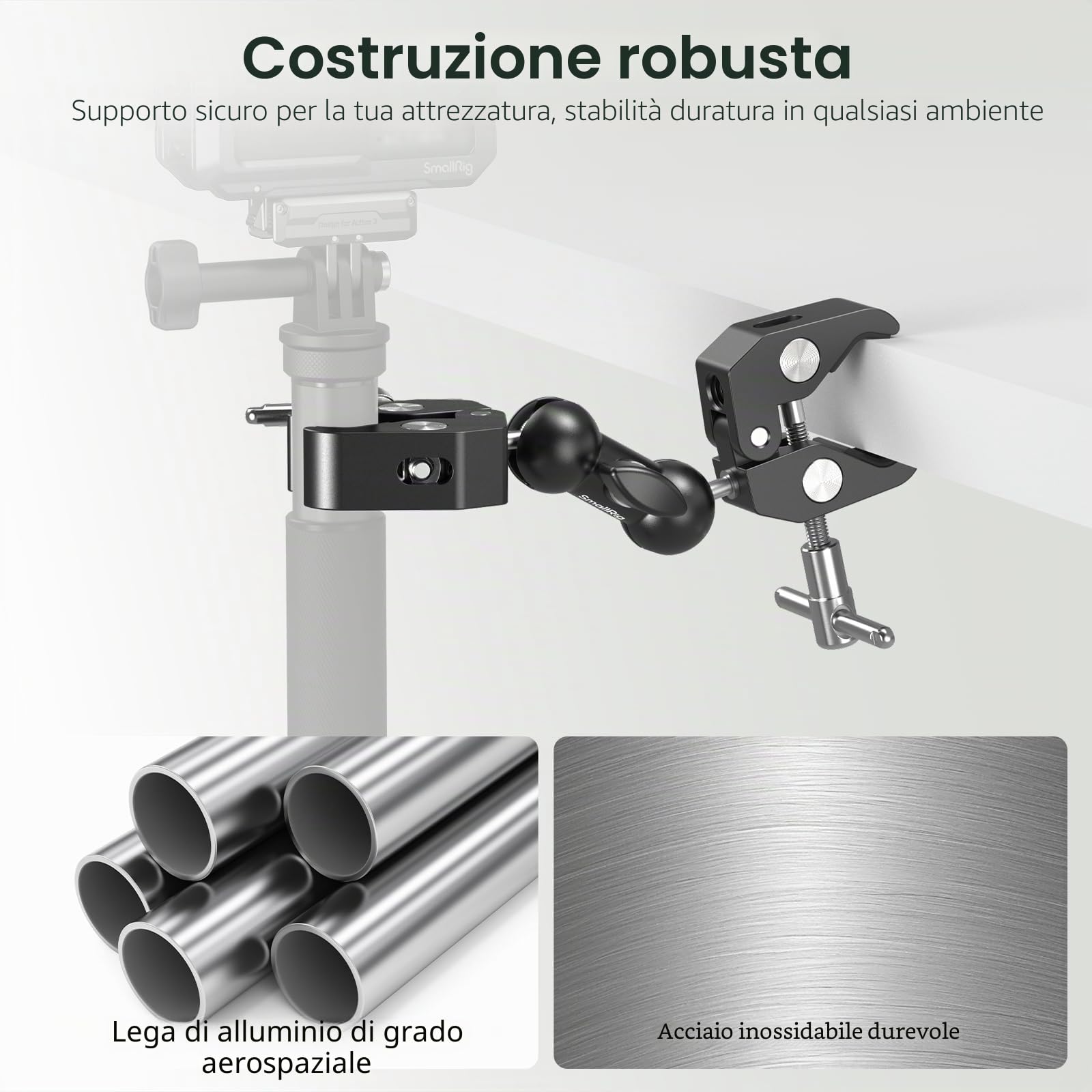 SMALLRIG Supporto regolabile morsetto doppia testa 15-40 mm, antiscivolo, 1,5 kg, alluminio per illuminazione fotografica/treppiede/studio - 5331