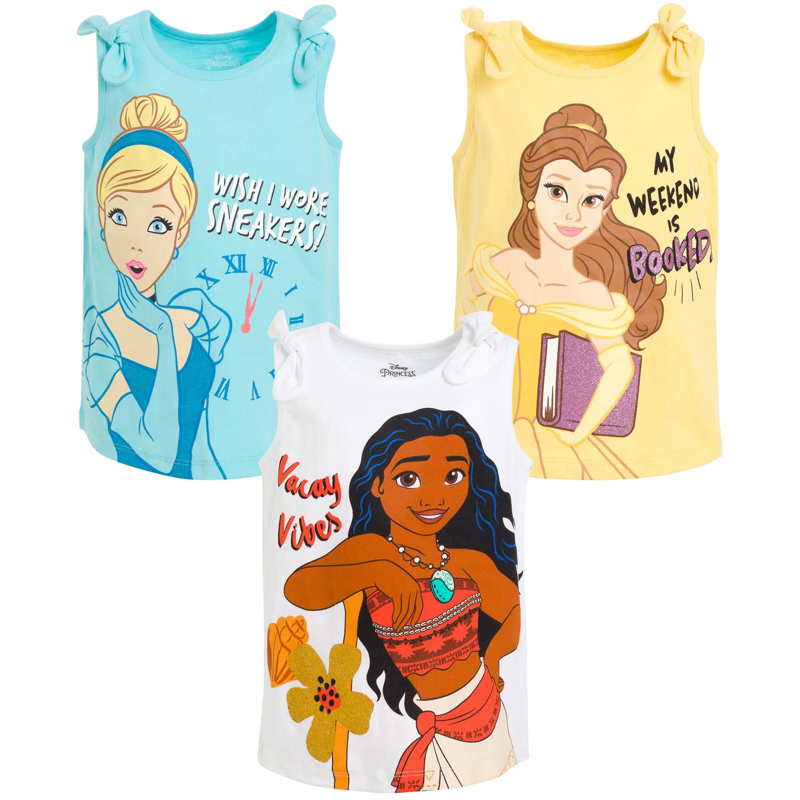 Disney Princess Cinderella Belle Moana Ariel Rapunzel Jasmine Baby Girls 3 Pack Tank Tops Infant to Little Kid