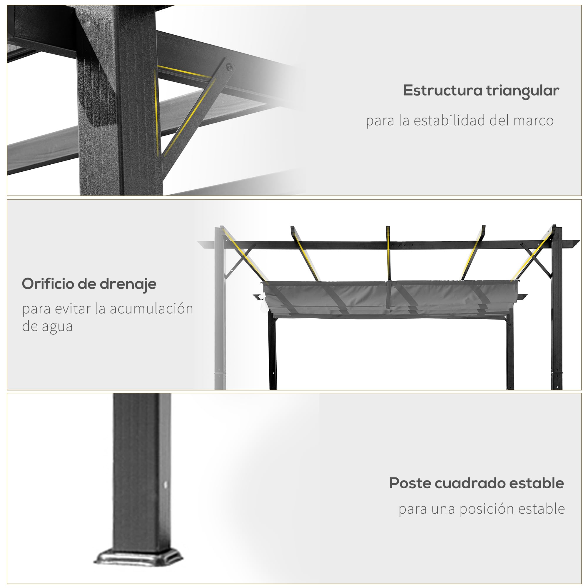 Outsunny Pérgola de Jardín 3x3 m con Techo Retráctil, Cenador de Jardín con Protección UPF30+, Orificios de Drenaje, Estructura de Aluminio, Pabellón para Patio, Terraza, Exterior, Gris Oscuro