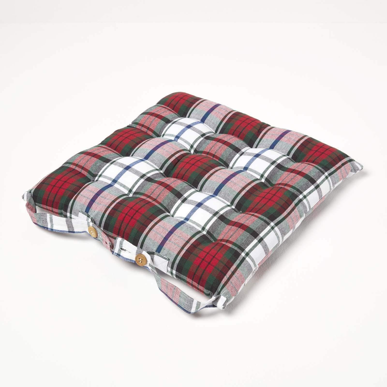 HOMESCAPES Cuscino quadrato per sedia 40 x 40 cm, set di 4 cuscini per sedia trapuntati in cotone, plaid scozzese rosso