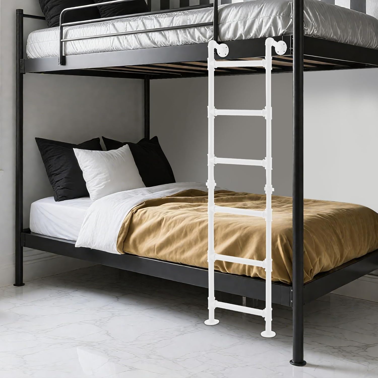 6.2FT Metal Bunk Bed Ladder, 7-Step Heavy Duty Carbon Steel High Loft Attic Step Ladders, Wall & Floor Mounted Egress Ladder for Dorm RV Basement, 440lbs Capacity (White, 5.3FT)