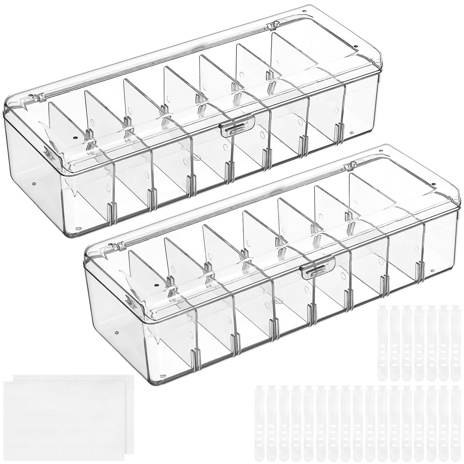Scatola Organizer Cavi Dati Trasparente 2 Pezzi in Plastico | Etichette Adesive Incluse, 20 Fascette per Fissaggio, Formato Compatto per Gestione Ordinata