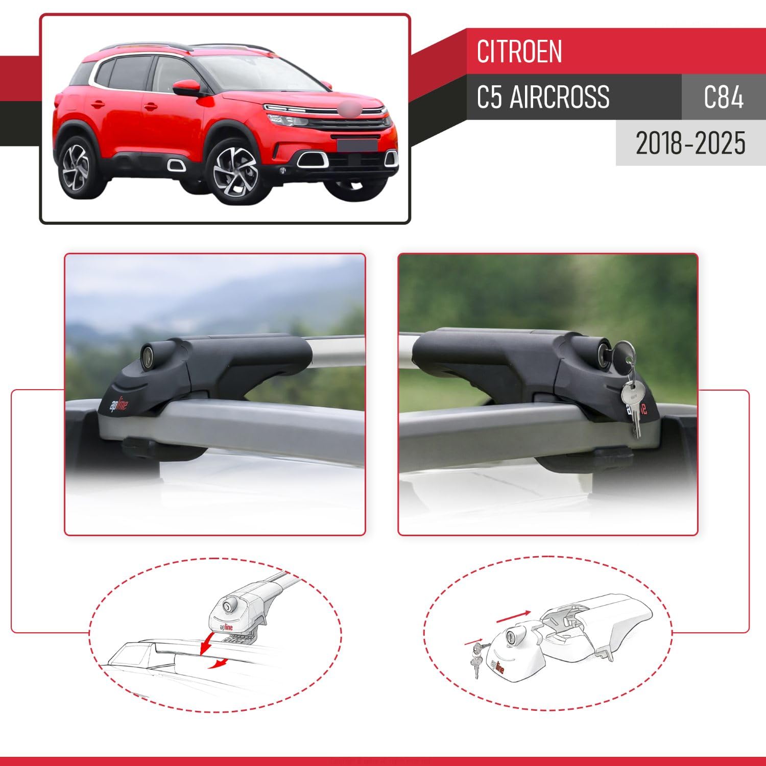 Compatible avec Citroen C5 Aircross (C84) 2018-2025 ACE-1 Modèle Barres de Toit Railing Porte-Bagages de Voiture Aluminium Gris 2 Barres