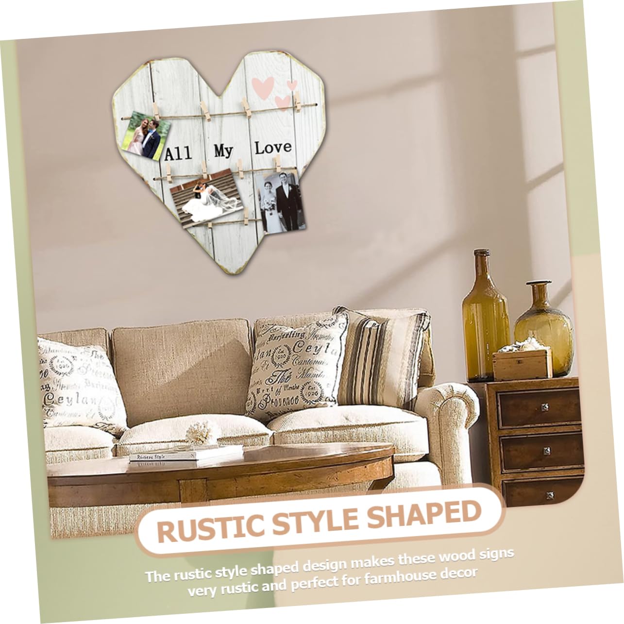 Cuore Portafoto in Legno Beige, Decorazione da Parete Rustica per Casa e Matrimonio, per Foto e Ricordo