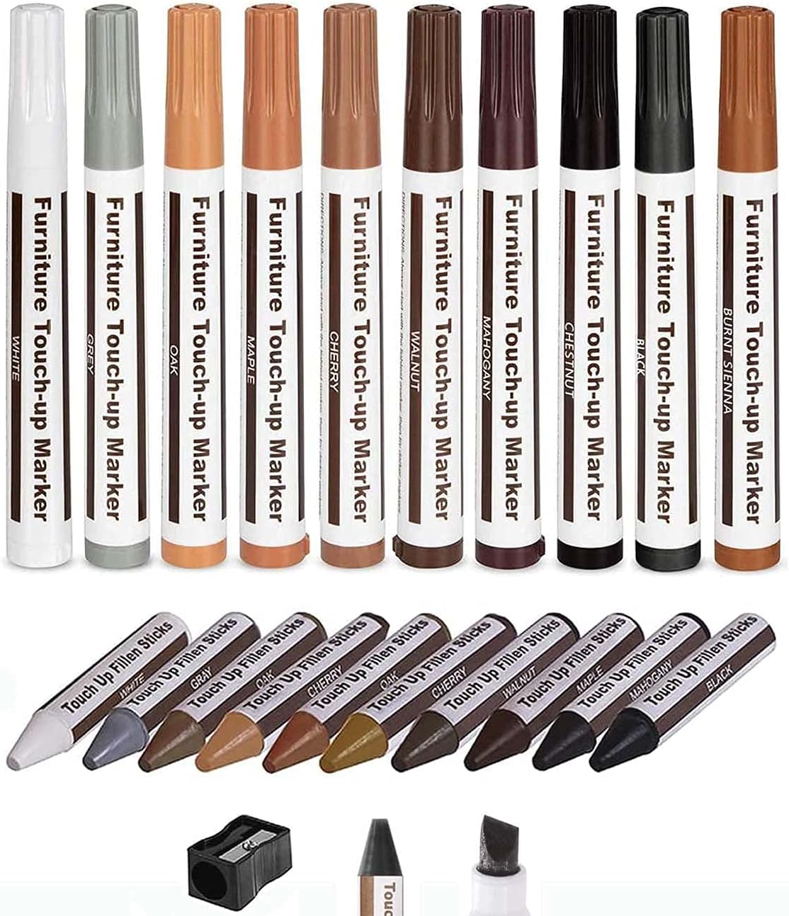 TYCA Furniture Markers Touch Up, 17Pcs Wood Filler Floor Scratch Repair Kits, Wood Markers and Wax Sticks with Sharpener Kit for Funiture Repair,Floor Scratch.