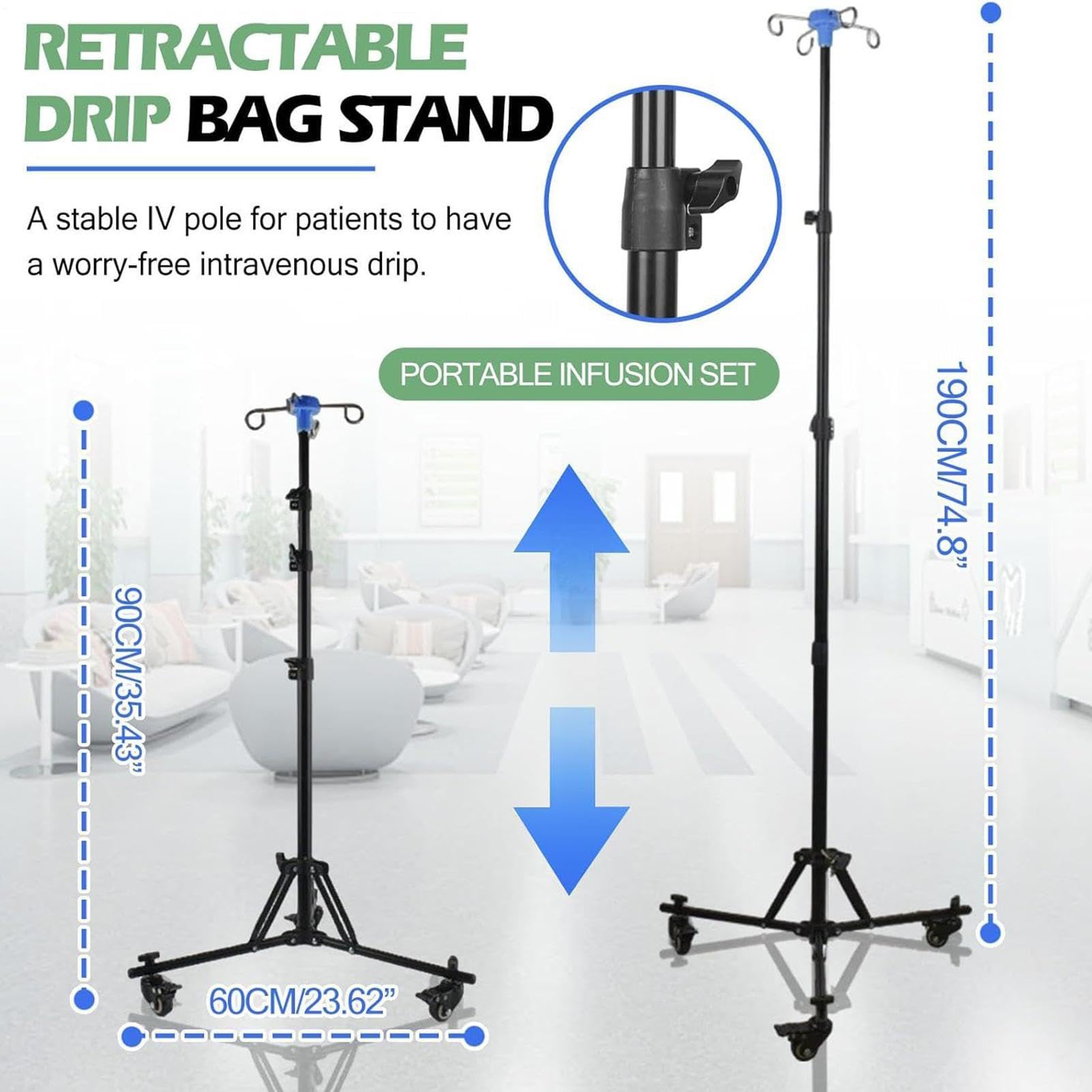 Supporto Flebo Attrezzatura Medica Assistenza Altezza Regolabile | Supporto per infusione con gancio portabottiglia per Ospedale, Cliniche, Casa, , Uso interno, Esterno, Viaggi, Assistenza