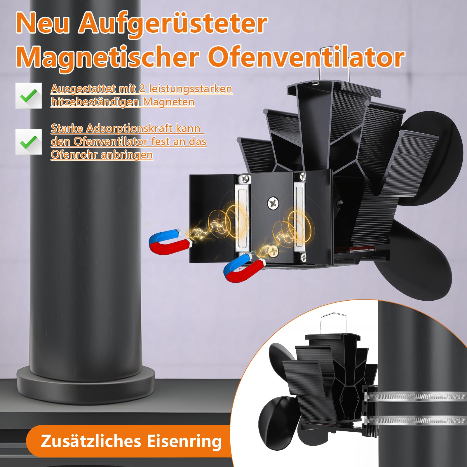 Hanaoyo Kaminventilator Magnetisch, Verbesserter Ofenventilator Ohne Strom Leiser, Kaminlüfter für Holz/Brennholz/Feuerstelle/Ofenrohr, Ofenventilator für Rauchrohr mit 2 Ersatzring