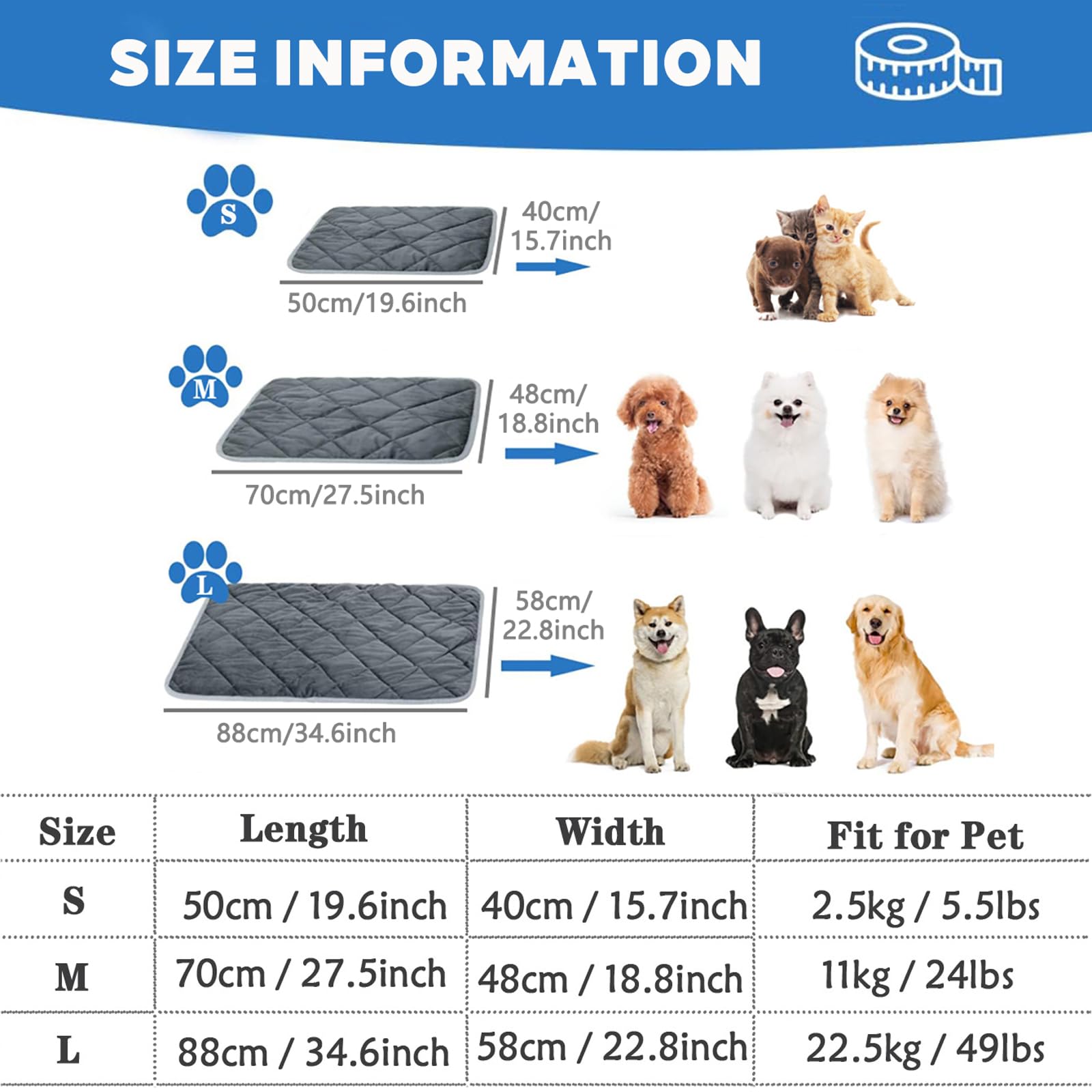 2 Pack Selbstheizende Thermomatte, Selbstheizende Decke für Hundeboxen, Extra Warme Thermounterlage für Welpen, rutschfest Und Waschbar, Ohne StromanschlussGrey,S