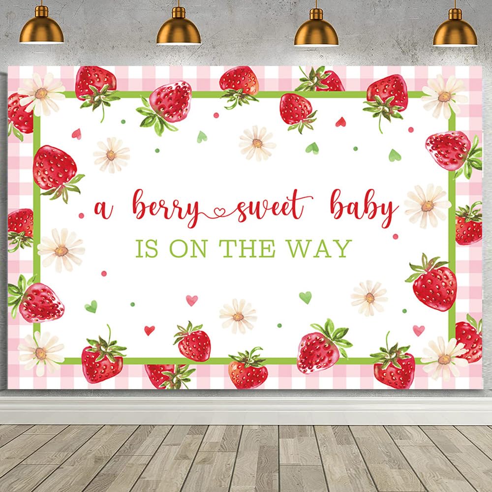 MEHOFOND 7x5ft Strawberry Baby Shower Backdrop for Girl A Berry Sweet Baby is On The Way Decorations Banner Sweet Berry Theme Baby Shower Newborn
