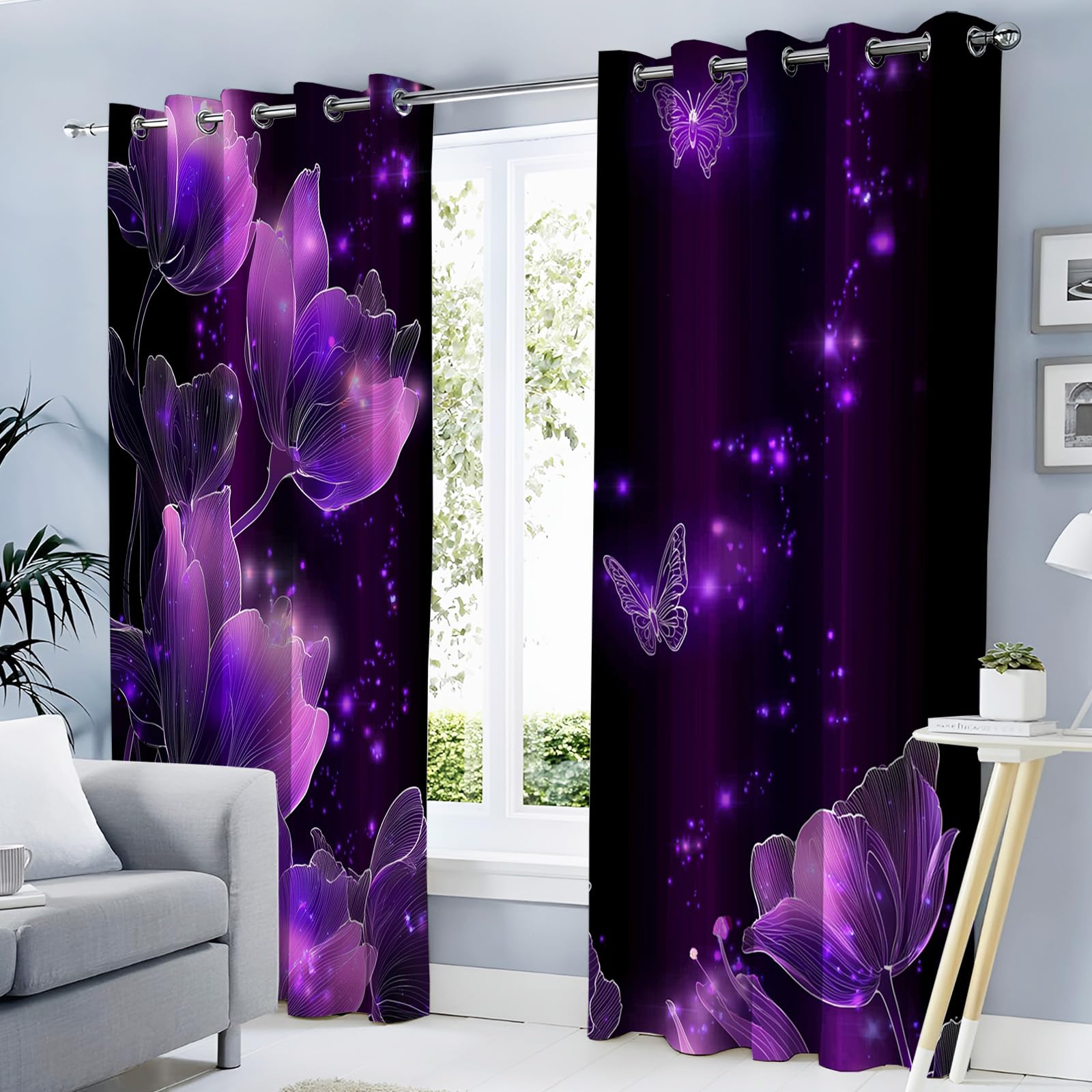 Chambre parents rideau thermique occultant violet 117x137 fleurs fantastiques lot de 2