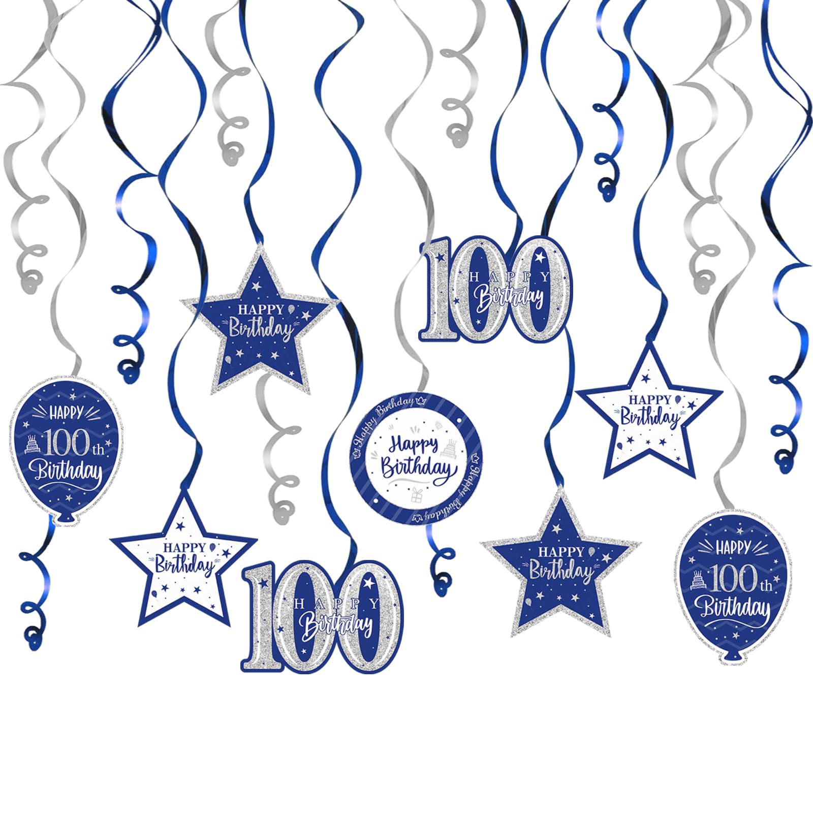 Nelbiirth Happy 100th Birthday Blue & Silver Glitter Swirls Streamers Party Decorations - 15 Pcs 100th Birthday Hanging Swirls Streamers Kit,Cheers to