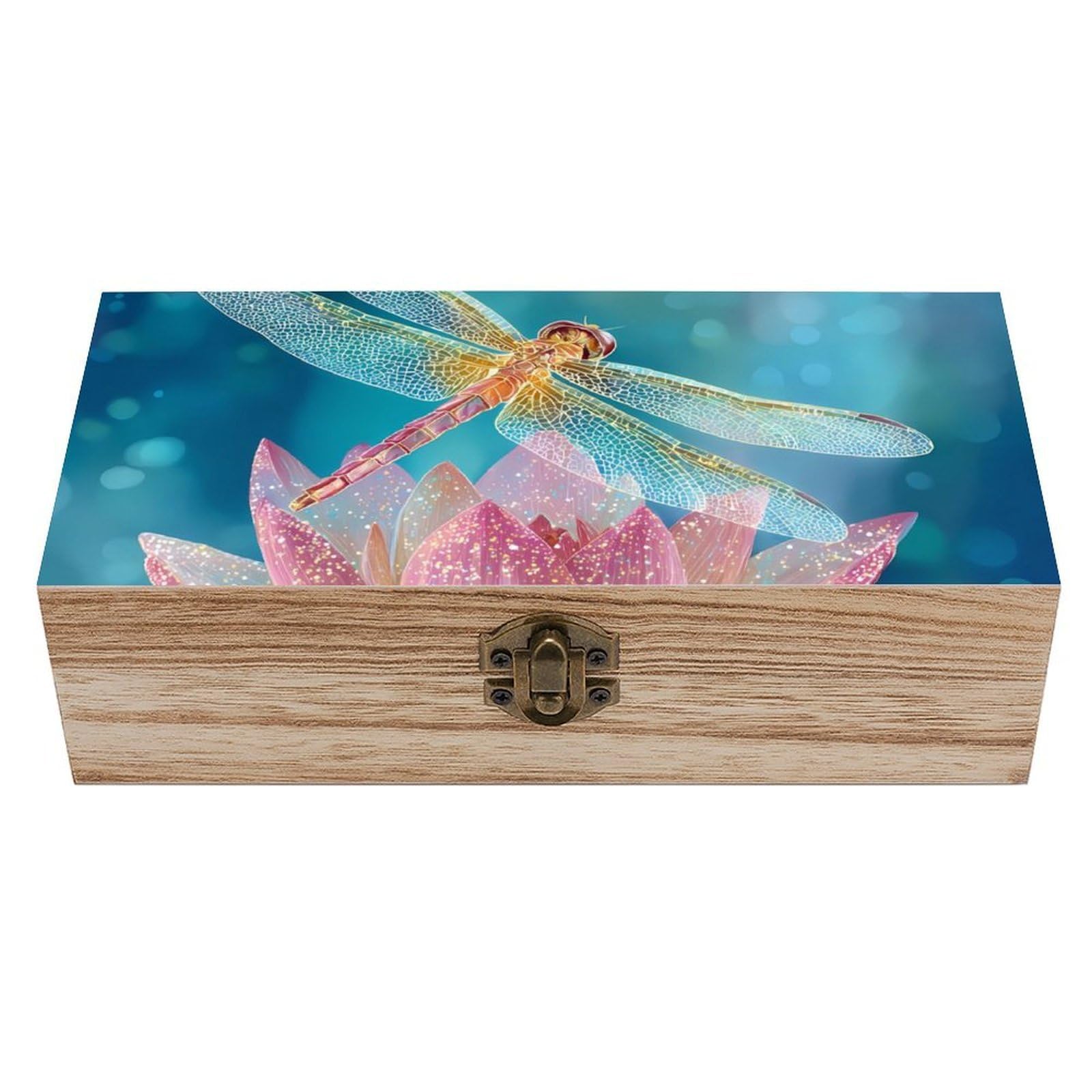 HLBSDM Dragonfly Perched on Lotus1 Wooden Storage Box Craft Memory Keepsake Treasure Chest Box Jewelry Organizer
