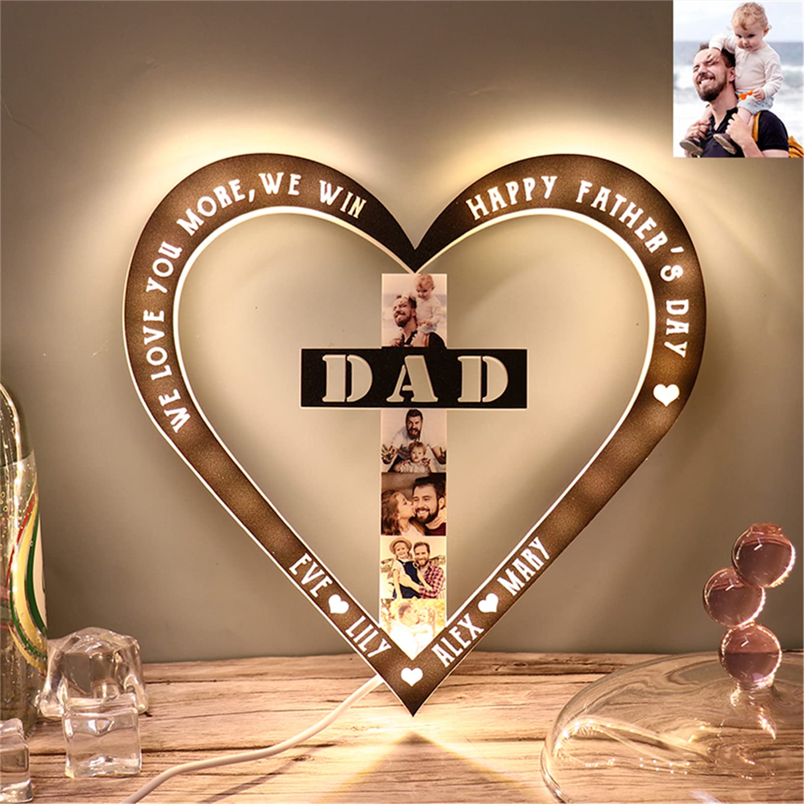 Personalized We Love You More, We Win Night Lights Happy Father's Day Acrylic Lamp Heart Cross LED Light for Daddy Papa Father Grandpa (Heart Shape Cross DAD Night Light)