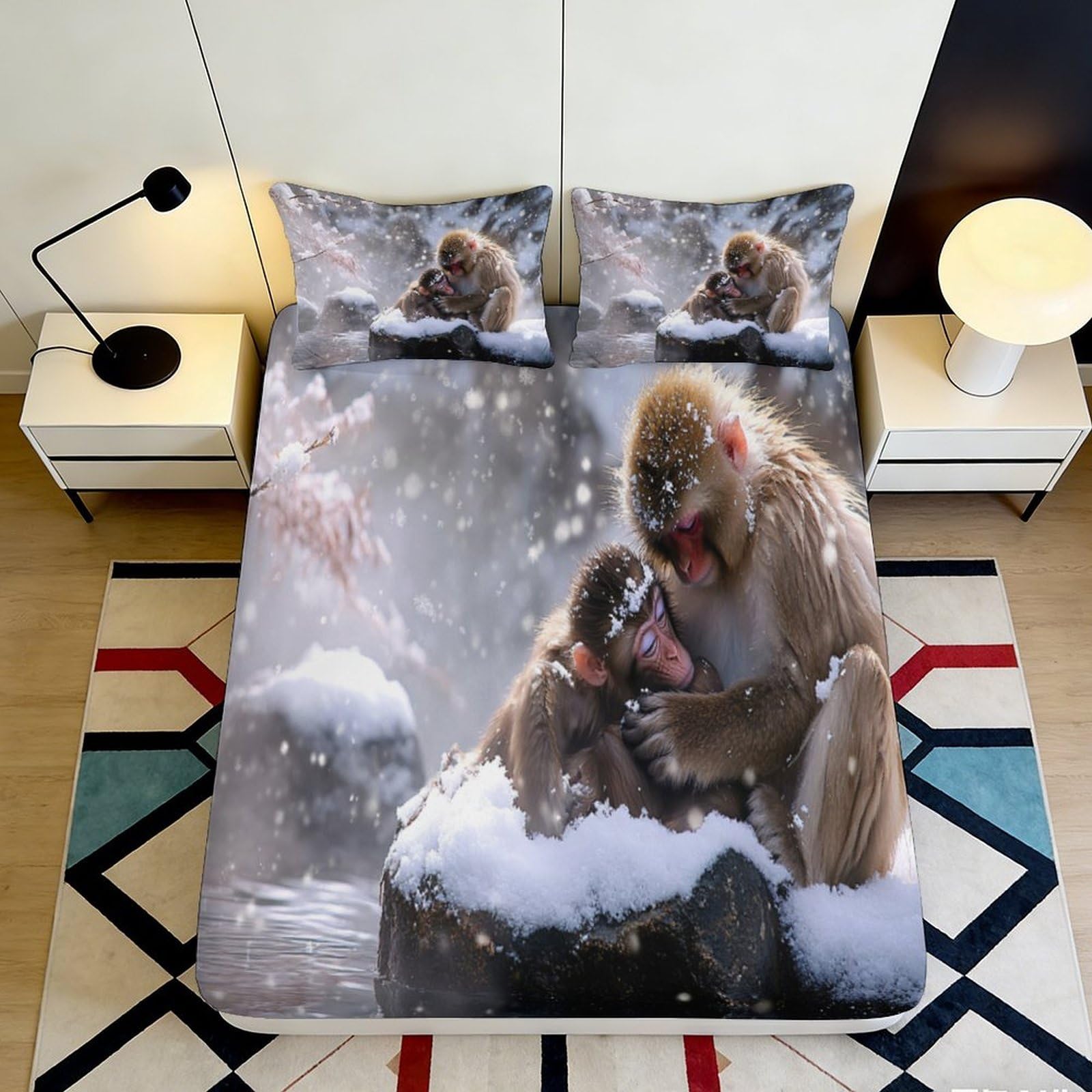3D Printed Snow Monkey Fitted Sheet Microfiber Deep Pocket Bedding Set Snow Scene Mattress Fitted Cover Elastic Hem Washable 160x200x25cm