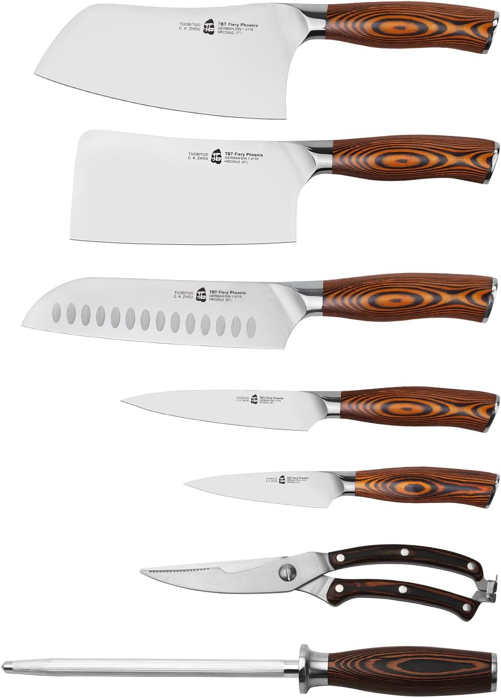 Top Brands TUO 8-pcs Kitchen Knife Set - Forged German X50CrMoV15 Steel - Rust Resistant - Full Tang Pakkawood Ergonomic Handle - Kitchen Knives Set with Wooden Block - Fiery Phoenix Series