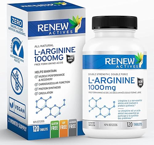 Renew Actives L-arginina 1000 mg, 120 unidades, suplemento energético de aminoácidos de potencia máxima antes del entrenamiento, para recuperación