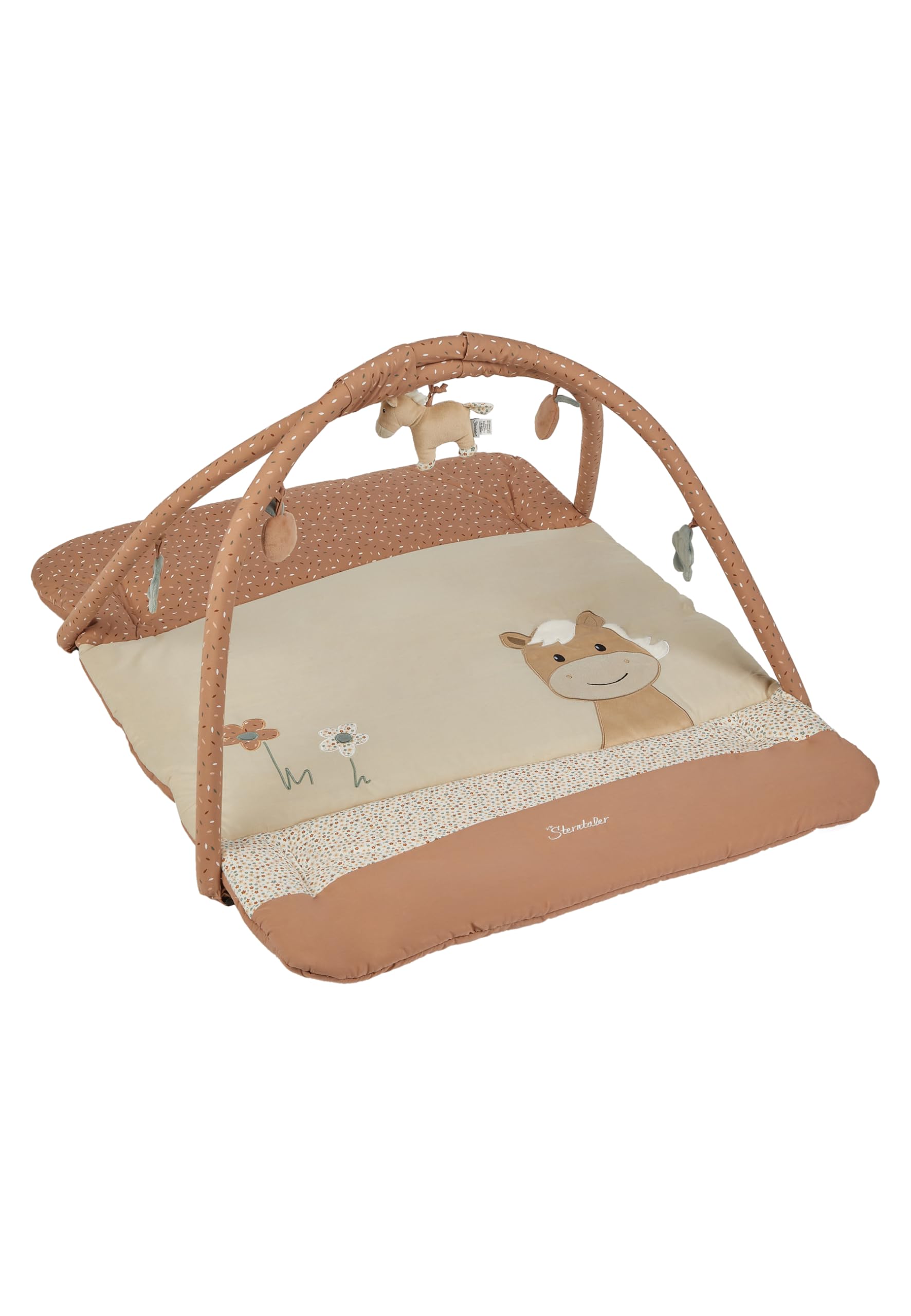 Sterntaler Spielbogen Pferd Sunny - Spielbogen aus samtigem Velour und bedrucktem Baumwoll Mischgewebe - Baby Spieldecke mit Bogen und Spielfiguren zum Abnehmen - Baby Spielzeug, lichtbraun