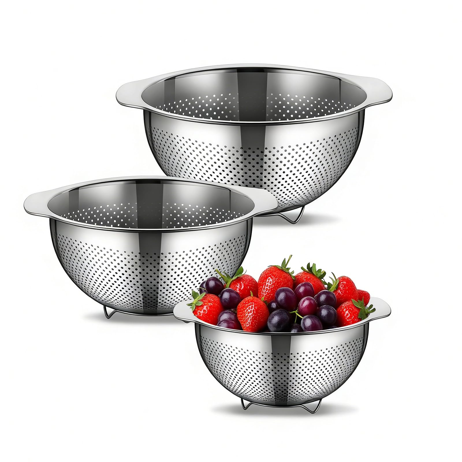 Sieb 3er-Set, Küchensieb, Edelstahl Nudelsieb, mit Griffen, Mikroperforiertes Abtropfsieb, für Nudeln Abtropfen, Gemüse und Obst, Reis, Spülmaschinenfest(23/25/27cm)