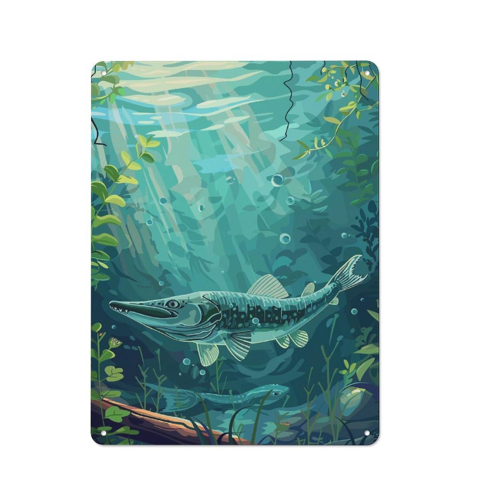 Classic Pike Fish Underwater Metal Wall Plaque 40x30cm, Nostalgic Wall Art for Living Room, Hallway, Kitchen Or Cafe
