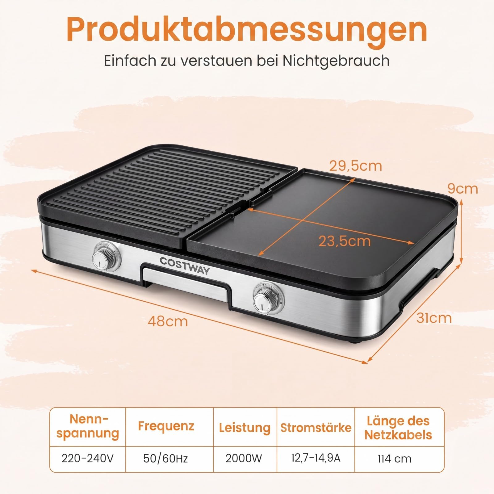 COSTWAY Tischgrill elektrisch, 2000W Elektrogrill mit Spritzschutz, 2 Thermostate, 6 Temperatureinstellungen & Auffangschale, kompakter Plattengrill für drinnen & draußen
