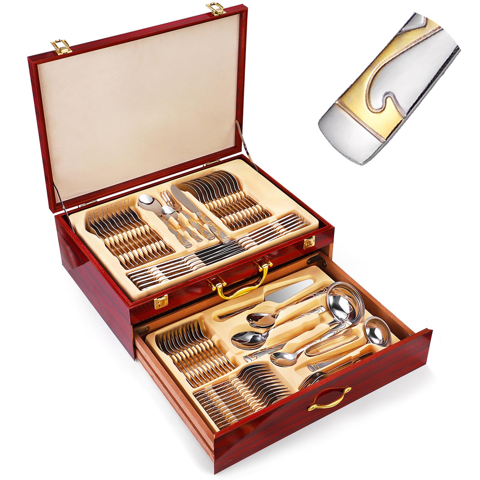 lucidate a specchio set di 72/84 forchette acciaio inox, forchette acciaio inox set 12 persone, con accenti dorati, ristorante, feste, lavabili in lavastoviglie(Size:72 pcs,Color:C)