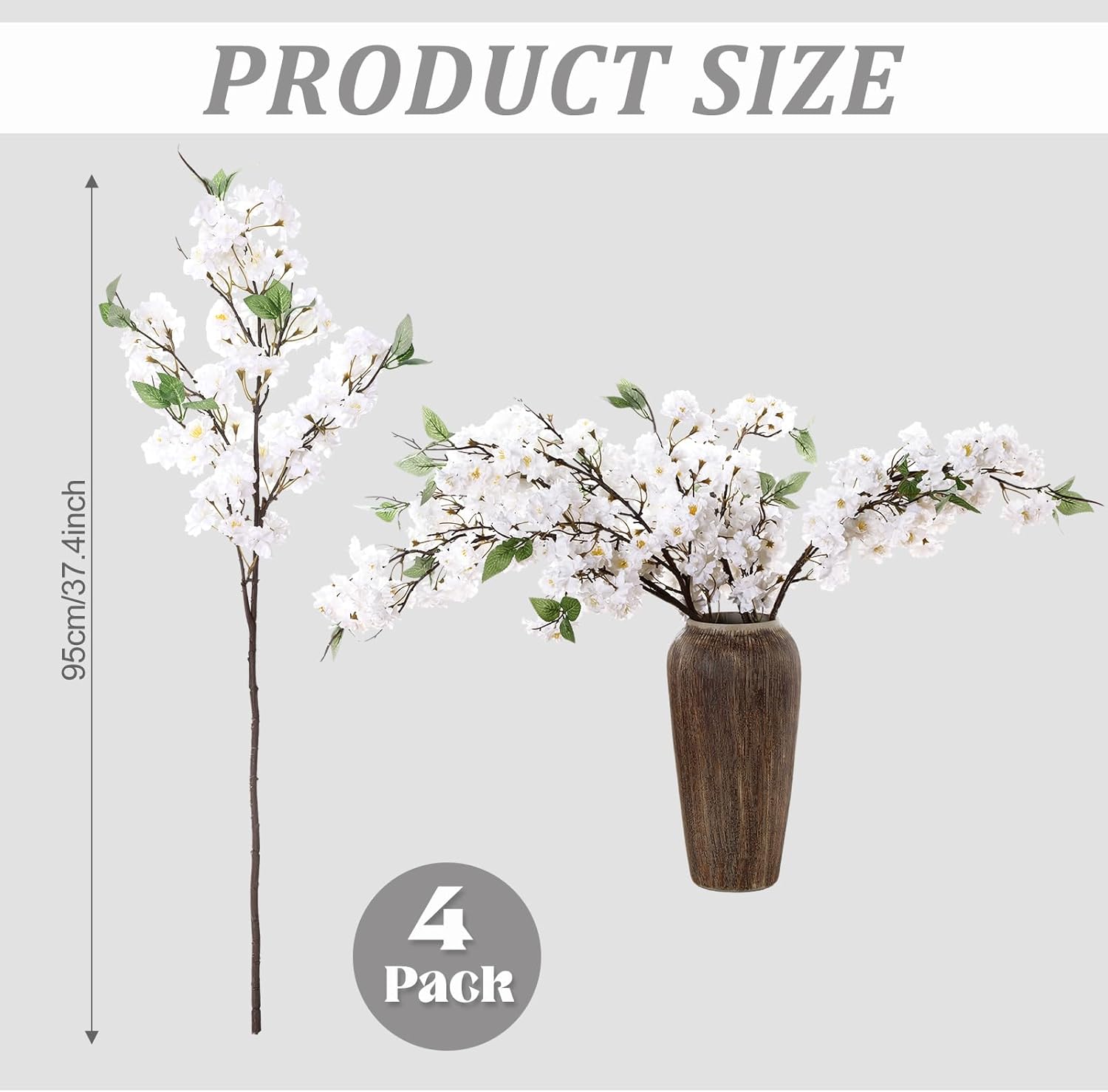 Artificial Cherry Blossom Branches 38 Inch Fake Wedding Silk Cherry Blossom Tree Stems 4 Pcs Faux Flowers Floral Arrangements for Home Vase Wedding Table Decor(White) - Image 2