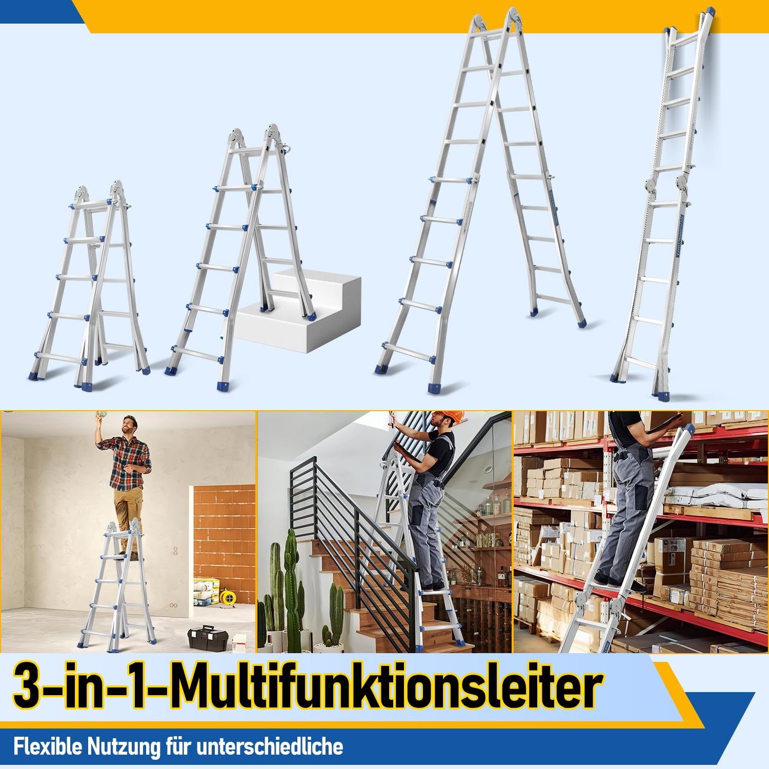 Scala multiuso 513 cm, 4 x 5 pioli, scala telescopica 3 in 1, scala pieghevole in alluminio, scala pieghevole e scaletta
