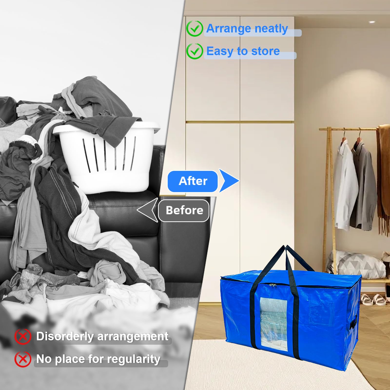 Borse da Trasloco Grandi 100 L con Manici e Cerniere, Borsa Portaoggetti Trasparente per Vestiti Coperte (Nero, Blu)