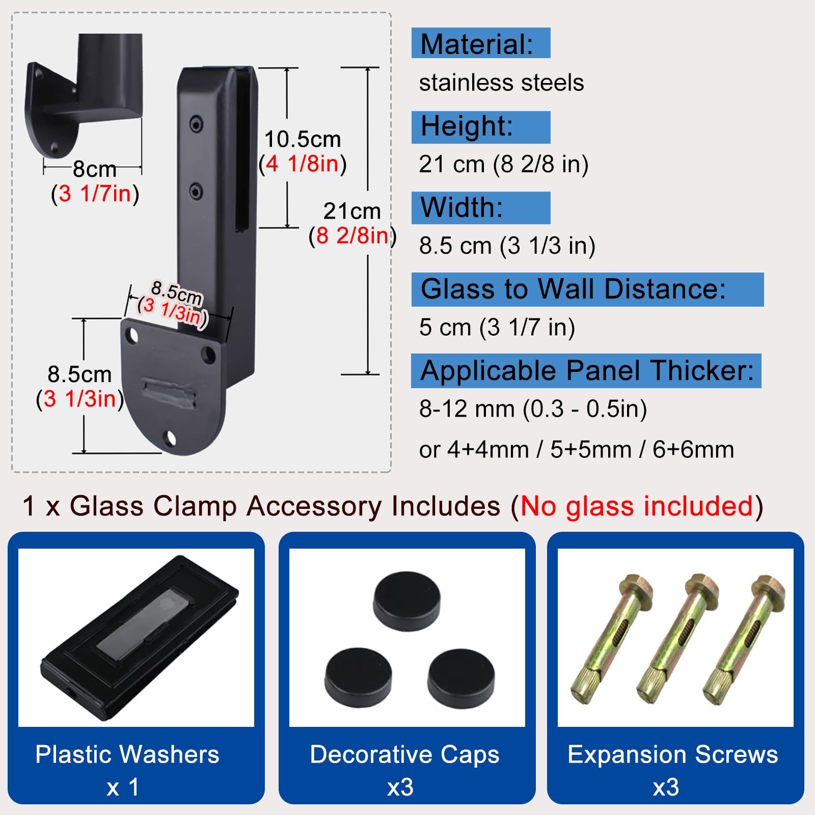 Juego de 7 Abrazaderas para barandilla de Vidrio Negro para escaleras, terrazas, Balcones, Soportes de Cerca de 20 cm de Alto, hoteles y terrazas