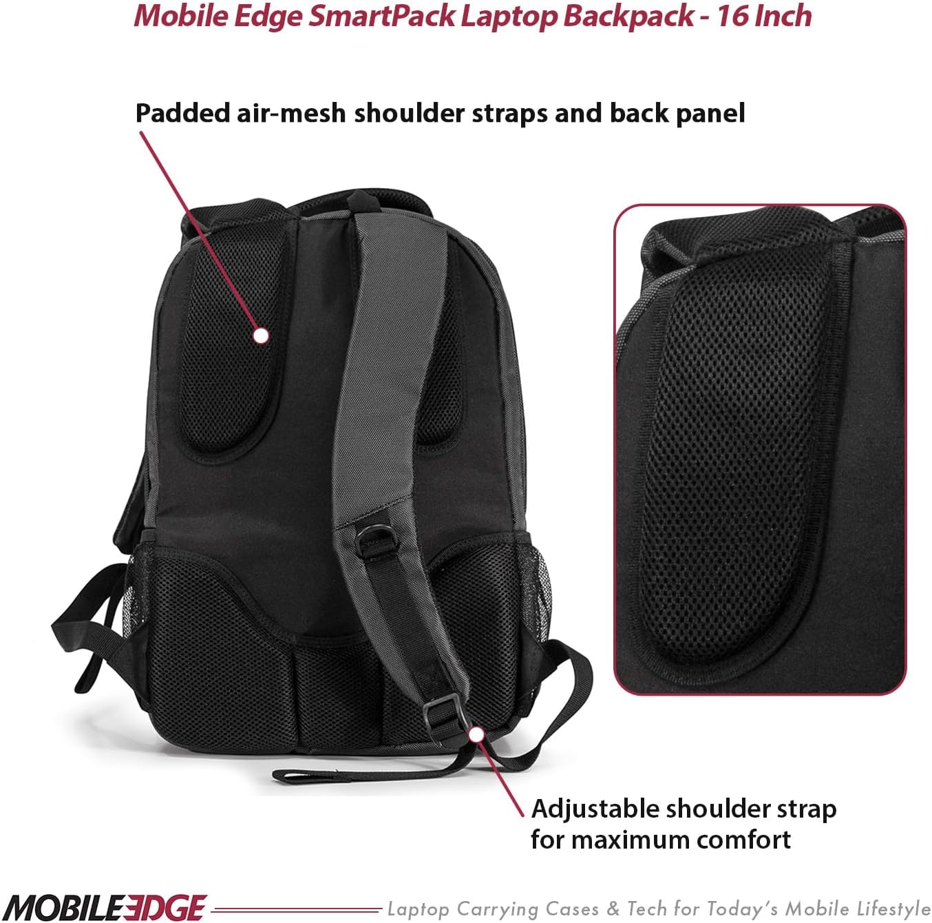 Mobile Edge Charcoal SmartPack 16 Inch Laptop Backpack for Men and Women with Padded Tablet Pocket, Lightweight, Charcoal Black