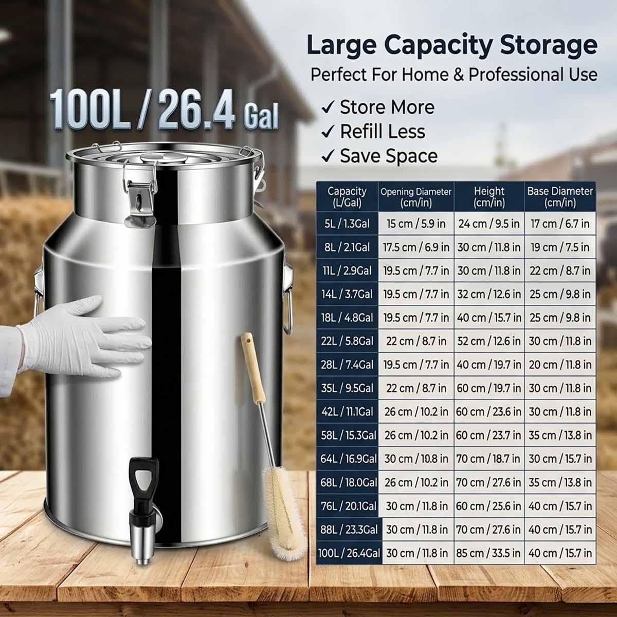5-100L Secchio Per Latte Inox,Bidone Per Latte Acciaio Inox Per Olio E Vino