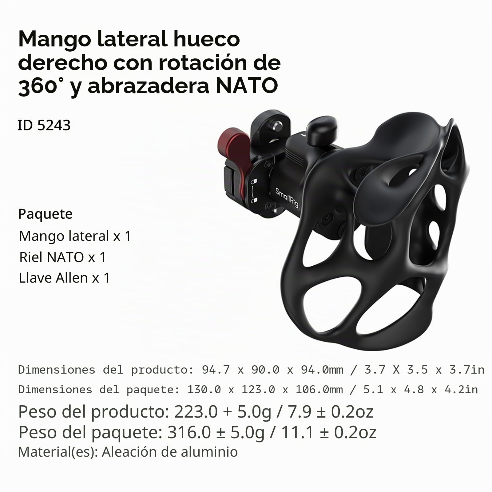 SMALLRIG Manija derecha hueca giratoria sin problemas de 360° con abrazadera NATO, incluye un riel NATO, carga de 15kg/33lb, liberación rápida para jaulas de cámara y arneses de hombro