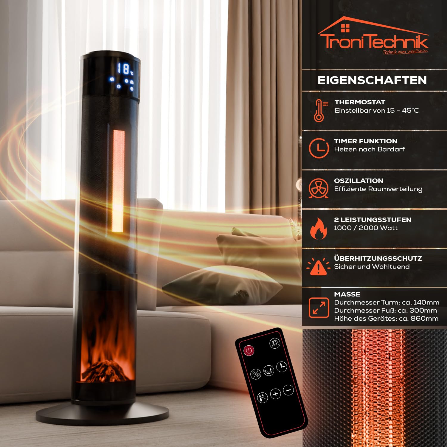 Tronitechnik® Heizlüfter Turmheizstrahler 1000 / 2000W Heizstrahler Standheizstrahler mit Fernbedienung Timer Kamineffekt Heizung Turm-Keramik-Heizer Heizlüfter Heizgerät Kamin Oszillationsfunktion