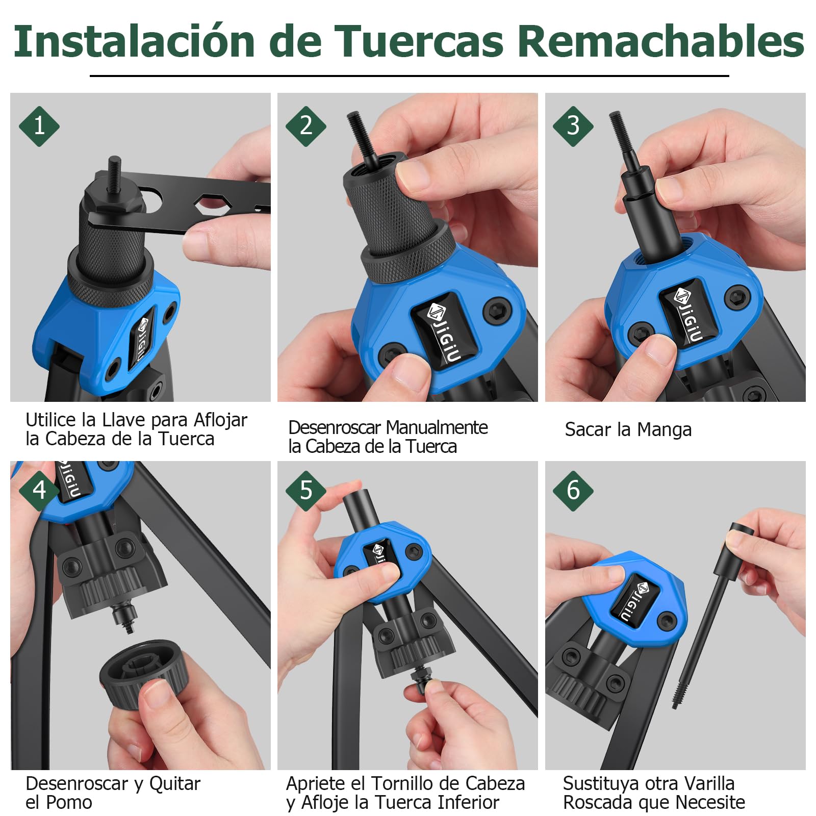 JiGiU Remachadora de Tuerca y Pistola de Remachador 2 en 1, Juego de Alicates para Remachar con M3 M4 M5 M6 M8 M10 M12 y 5 Cabezas Remachables 3.2 4.0 4.8 6.0 6.4mm con 110 Tuercas y 50 Remaches-Azul